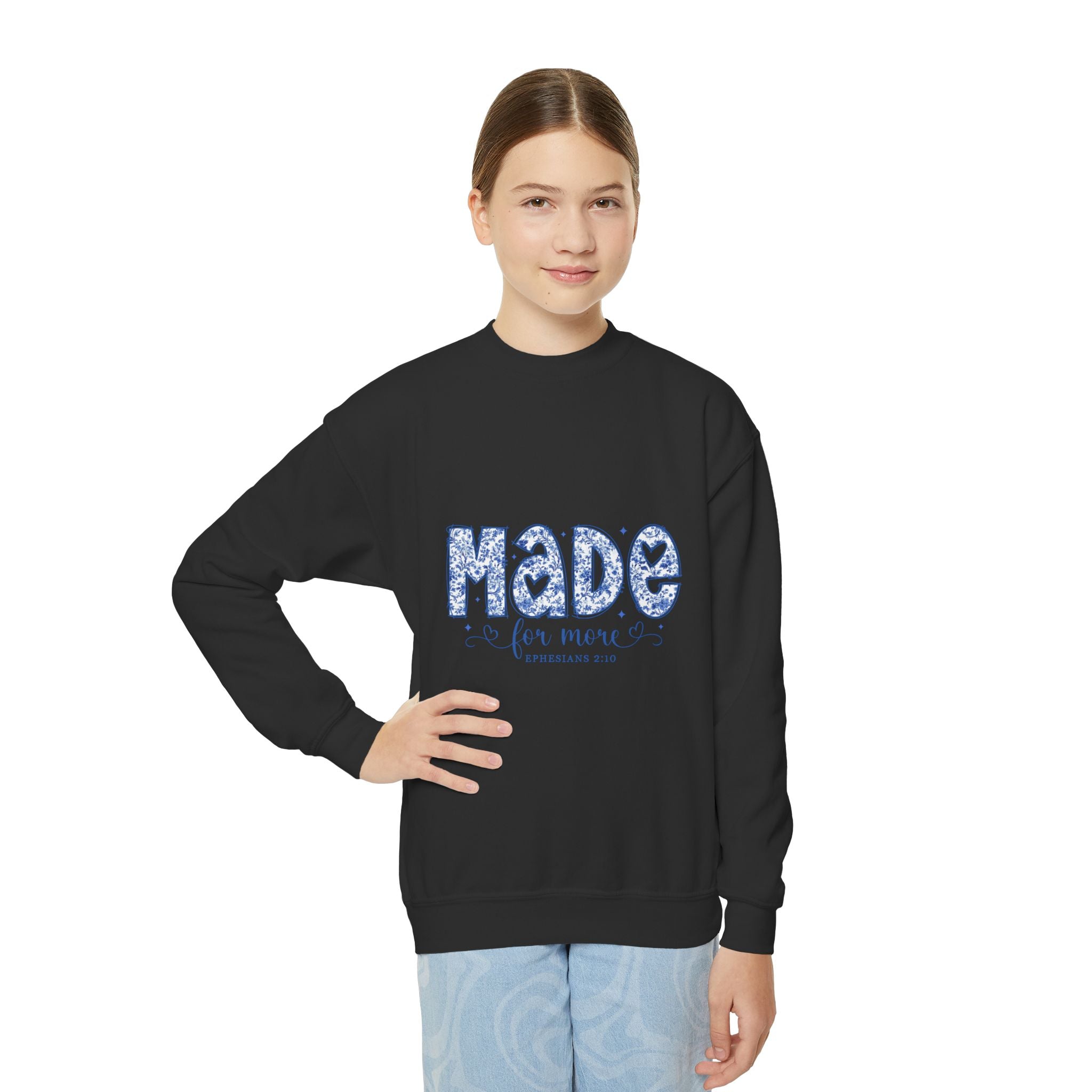 Youth Crewneck Sweatshirt — "Made for More" Floral Script Youth Sweatshirt