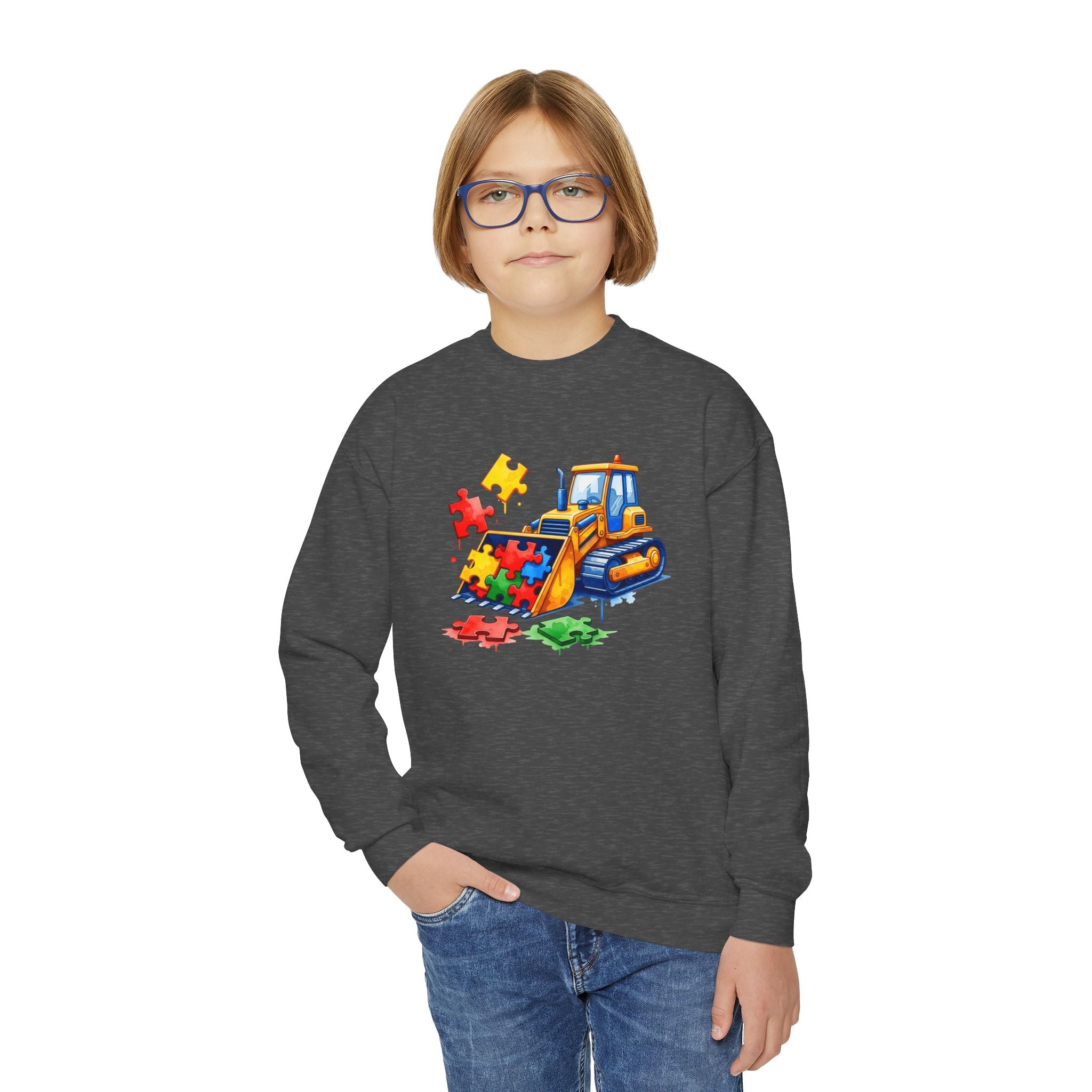 Kids Bulldozer Autism Puzzle Crewneck Sweatshirt