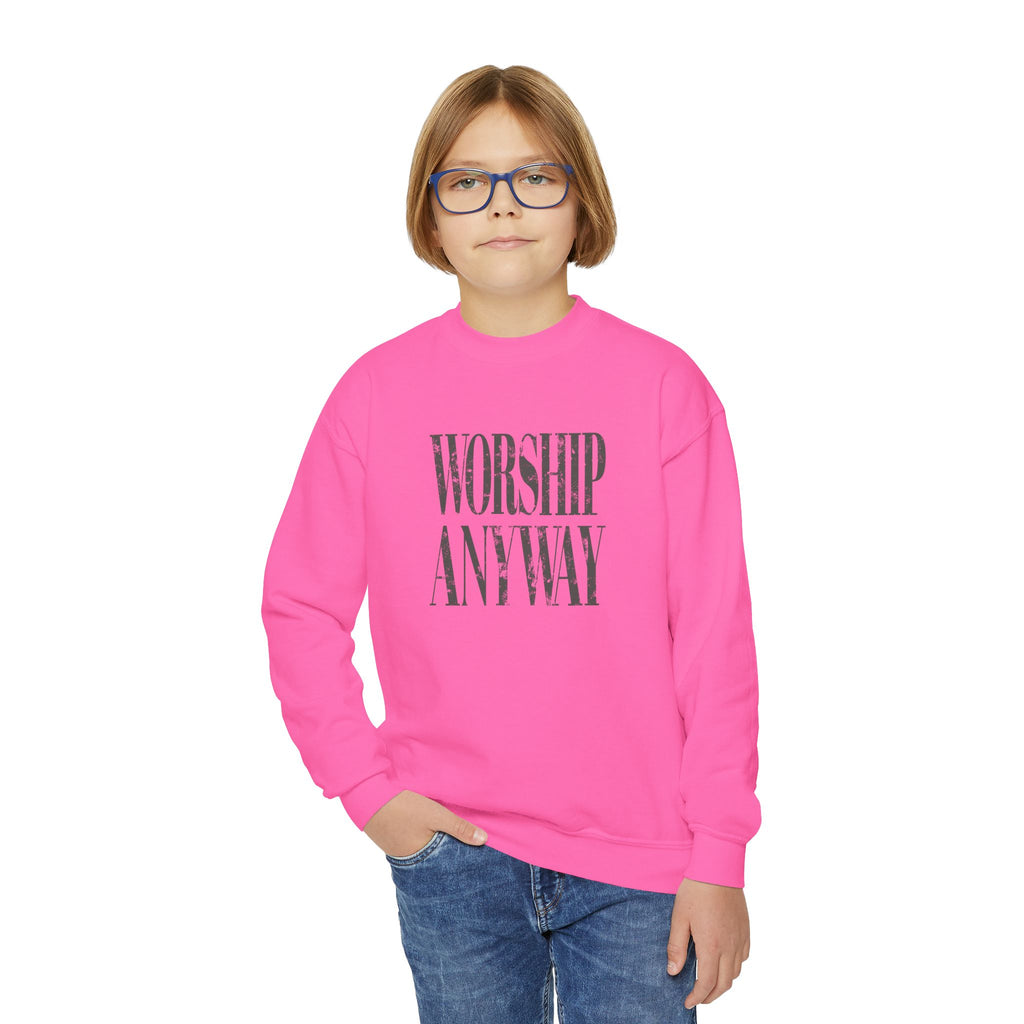 Youth Crewneck Sweatshirt – 'Worship Anyway' Inspirational Graphic Pullover