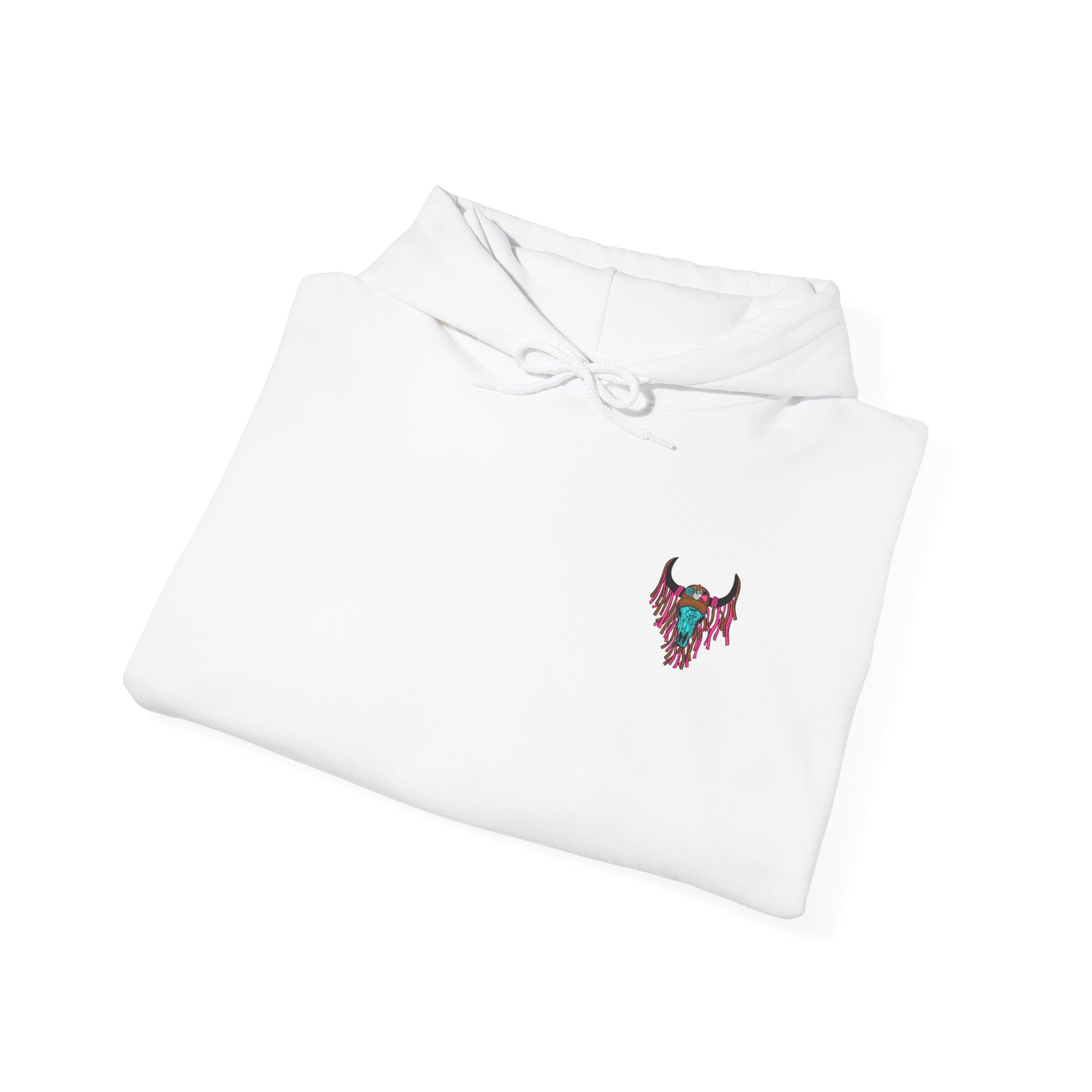 Double-sided Bull Skull Graphic Hoodie – Teal & Brown Desert Cow Skull Pullover