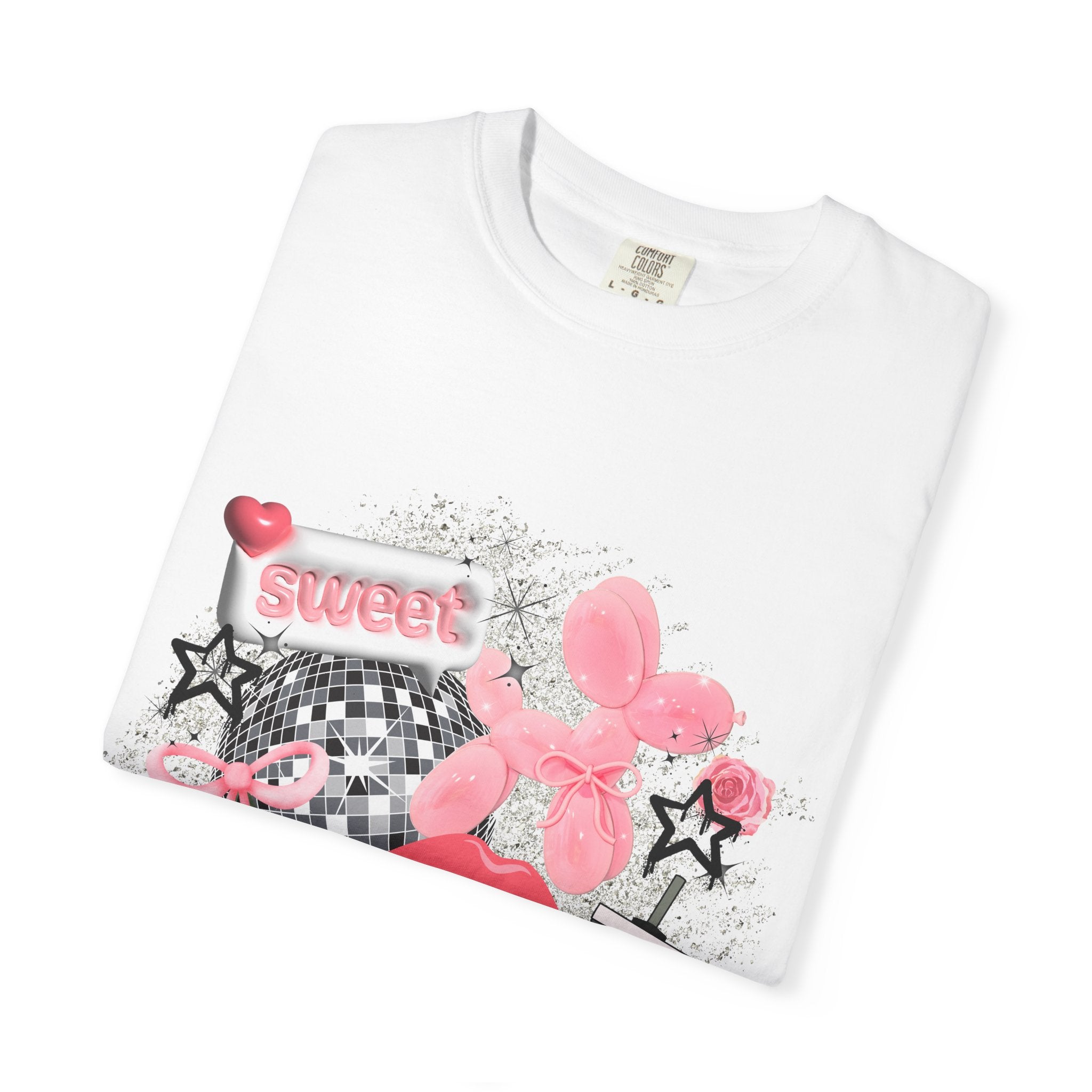 Sweet Kitsch Graphic T-Shirt — Pink Hearts, Lips & Strawberry Design