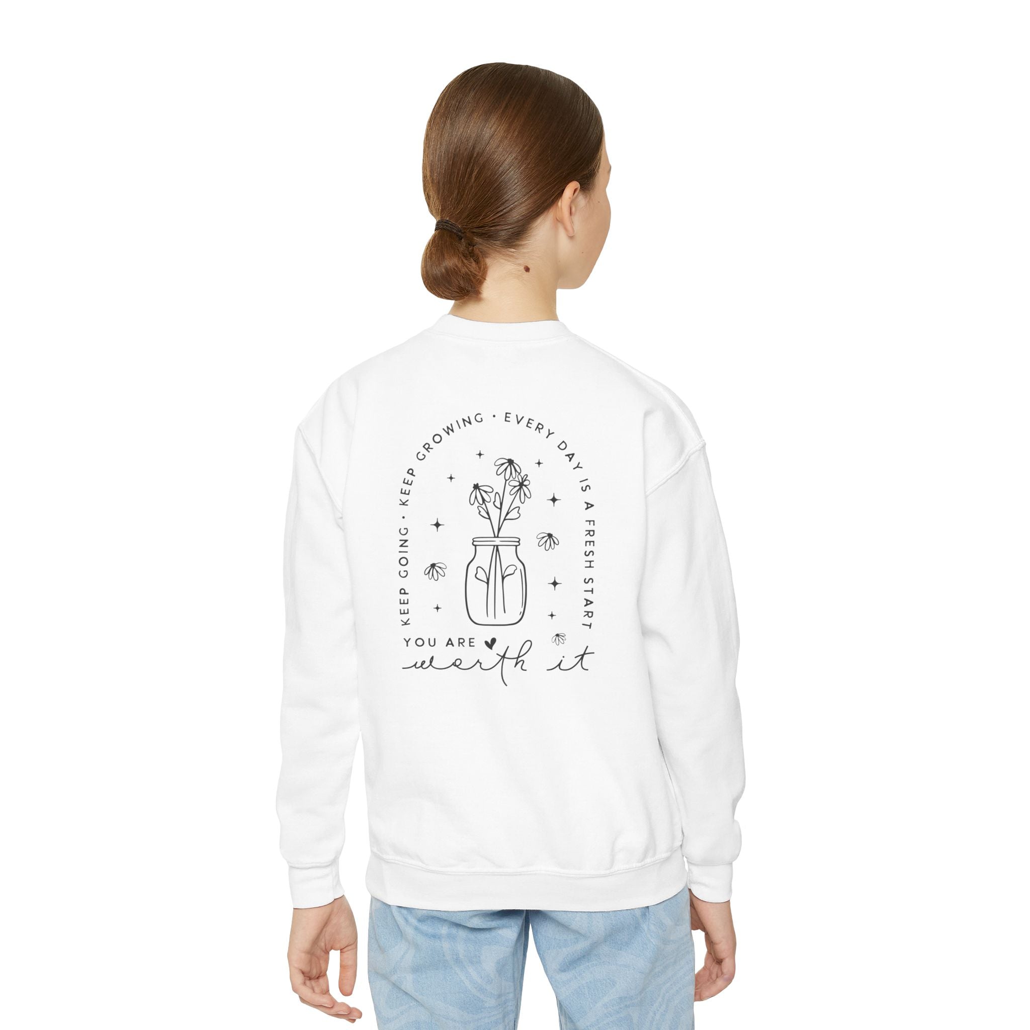 Youth Crewneck Sweatshirt — "You Are Worthy" Floral Graphic Sweatshirt