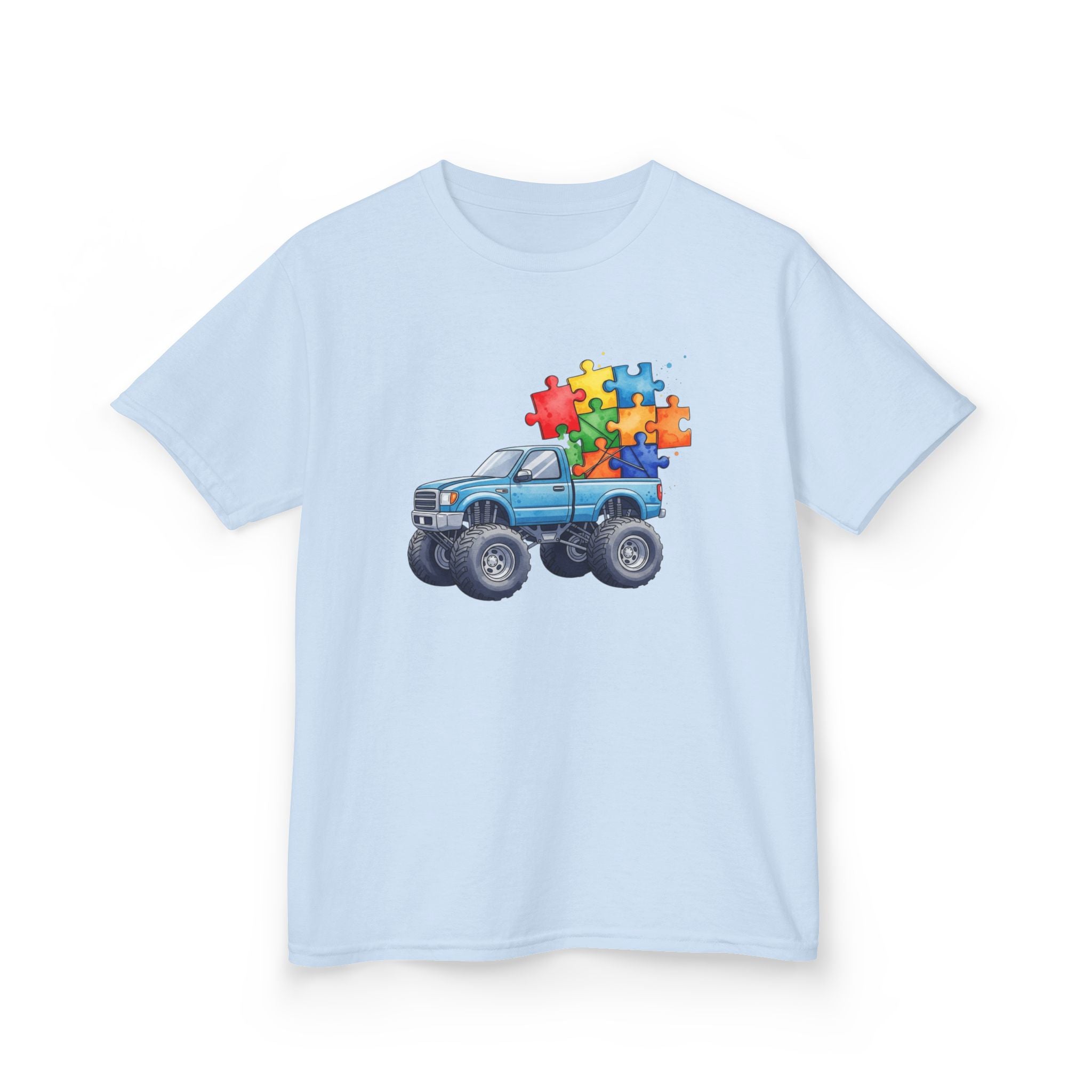 Kids Monster Truck Autism Awareness T‑Shirt — Puzzle Piece Ride