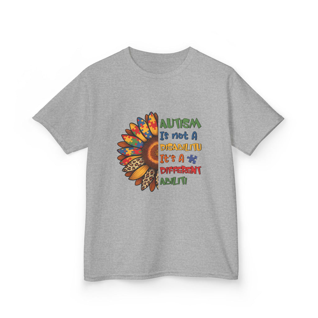 Kids Tee — "Autism Is Not A Disability It's A Different Ability" Colorful Feather Design