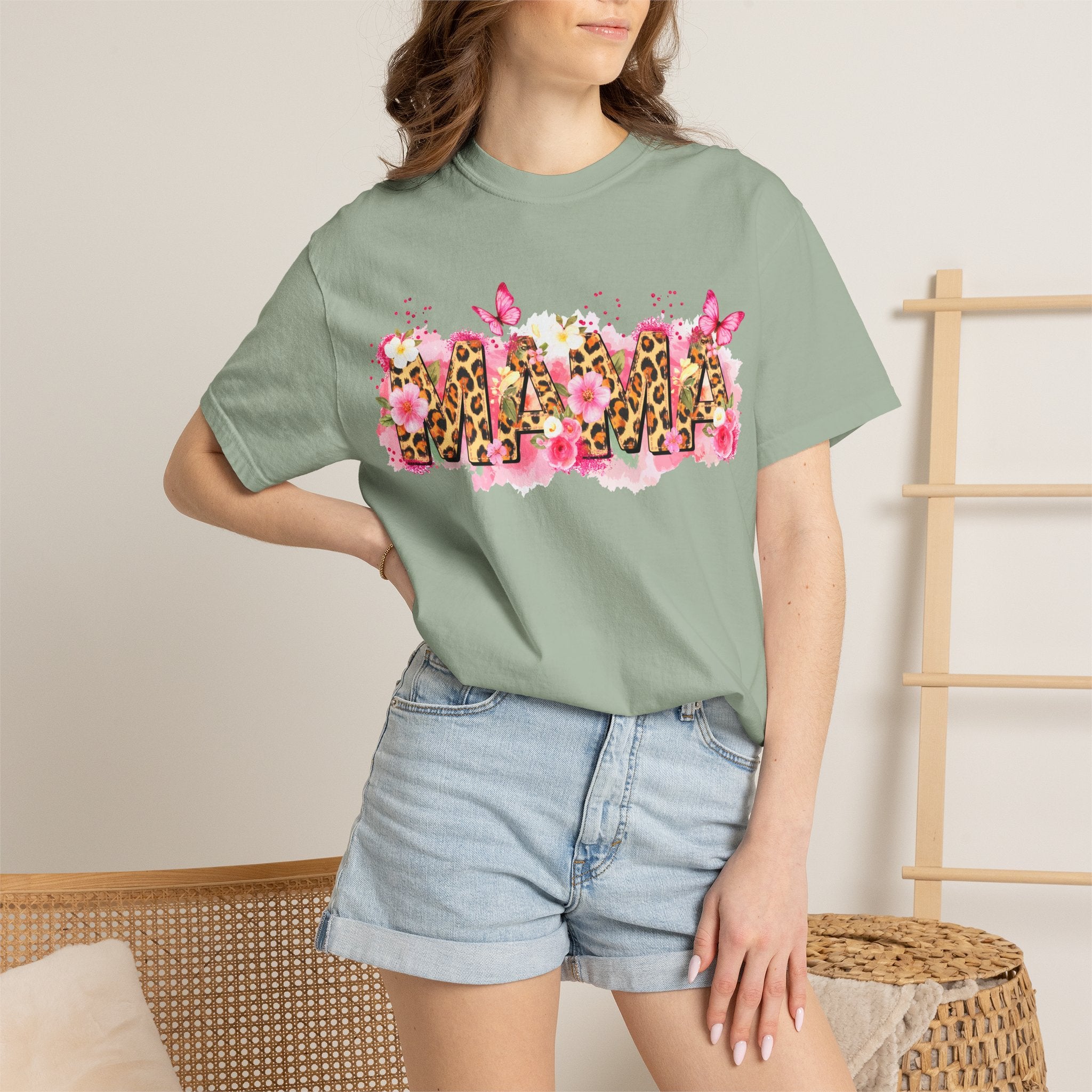 Mama Floral Leopard Graphic Tee — 'MAMA' Pink Butterfly Mother's Day T‑Shirt