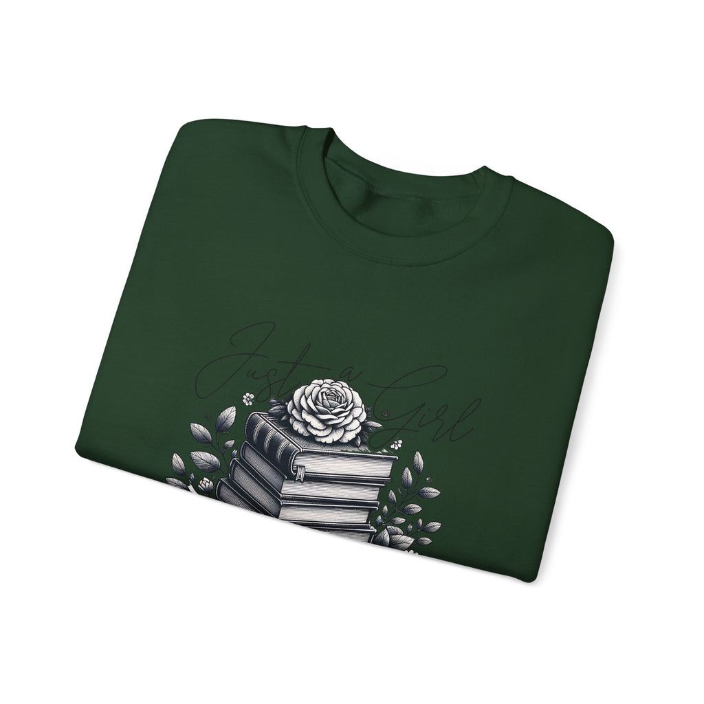 Book Lover Crewneck Sweatshirt — "Just a Girl Who Loves Books" Floral Stack Design