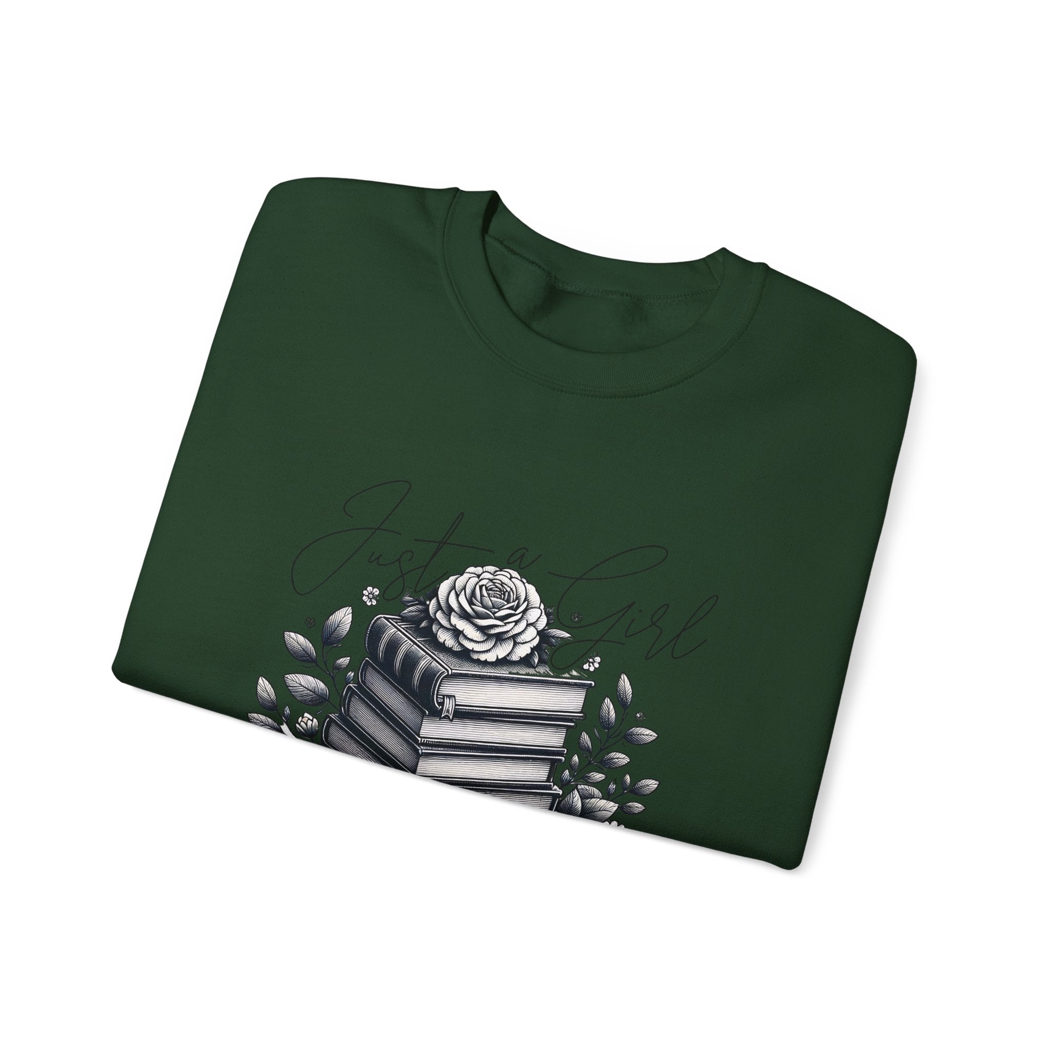 Book Lover Crewneck Sweatshirt — "Just a Girl Who Loves Books" Floral Stack Design