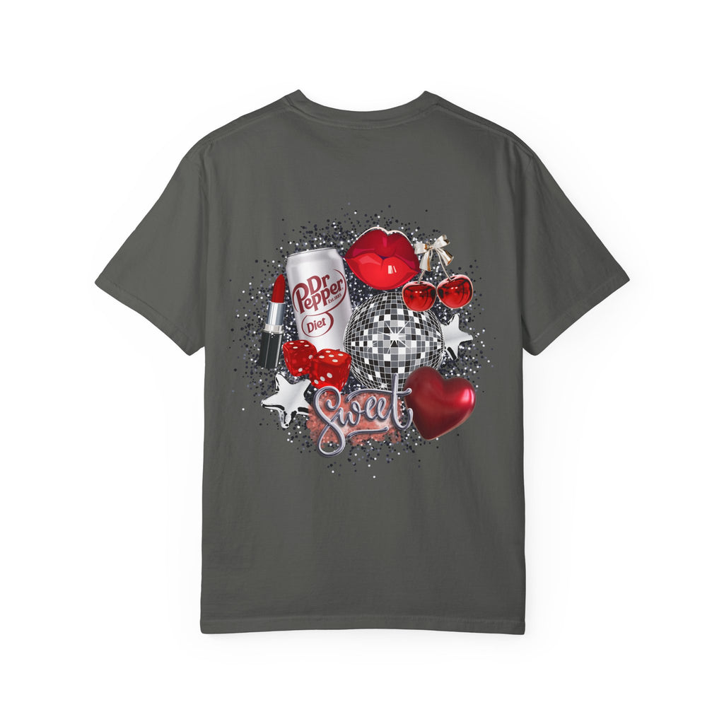 Cherry Disco Graphic T-Shirt — Retro Red Heart & Soda Pop Design