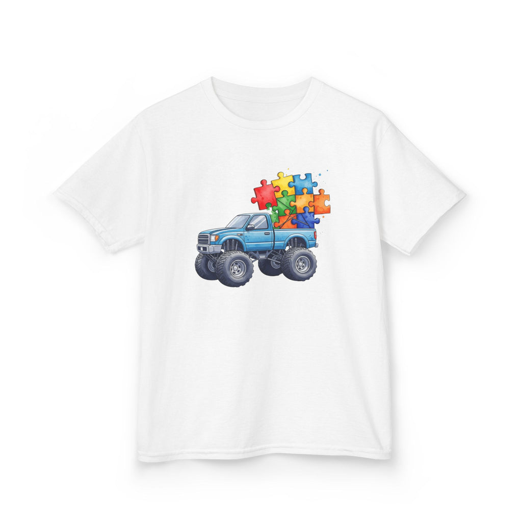 Kids Monster Truck Autism Awareness T‑Shirt — Puzzle Piece Ride