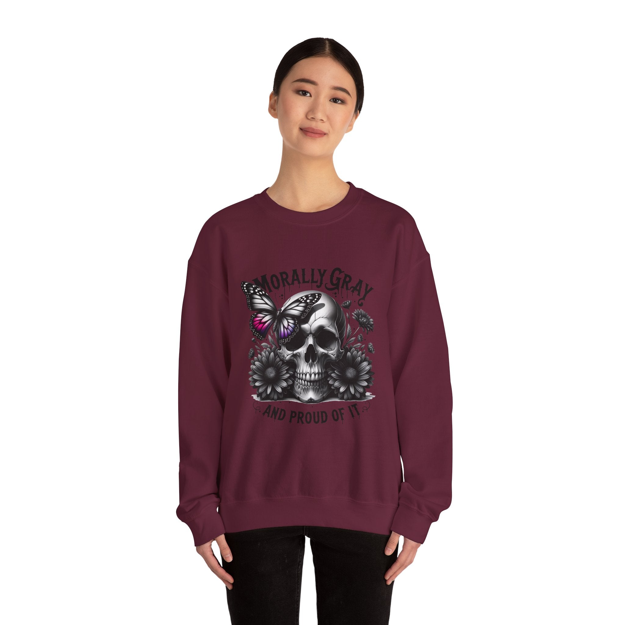 Morally Gray Skull Crewneck Sweatshirt – "Morally Gray and Proud of It" Gothic Butterfly Design