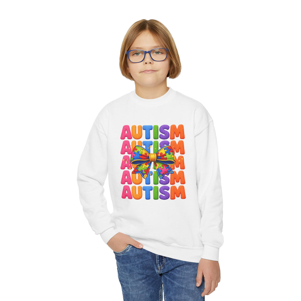 Youth Autism Awareness Crewneck Sweatshirt – Colorful Puzzle Ribbon Design