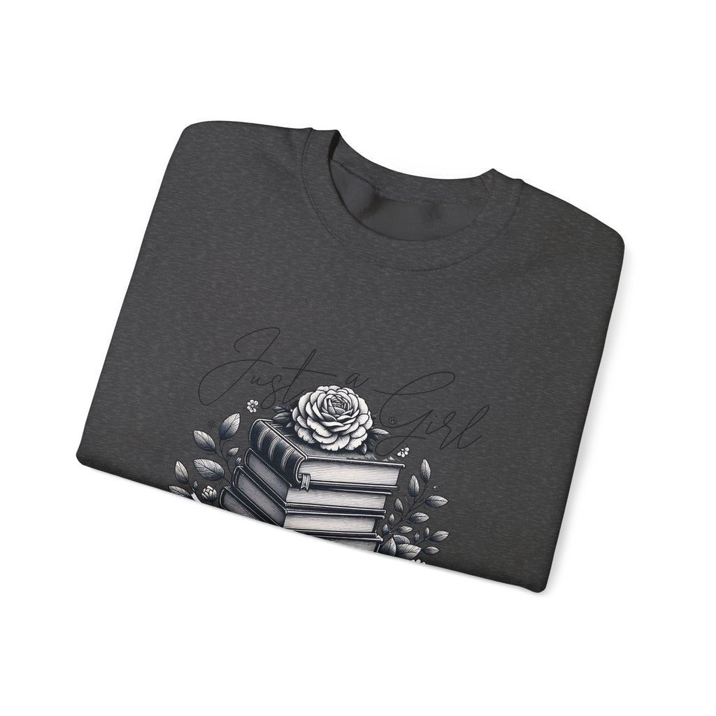 Book Lover Crewneck Sweatshirt — "Just a Girl Who Loves Books" Floral Stack Design