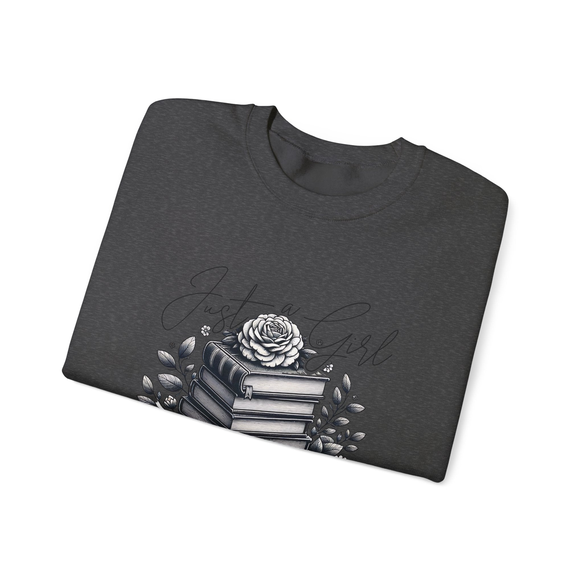 Book Lover Crewneck Sweatshirt — "Just a Girl Who Loves Books" Floral Stack Design