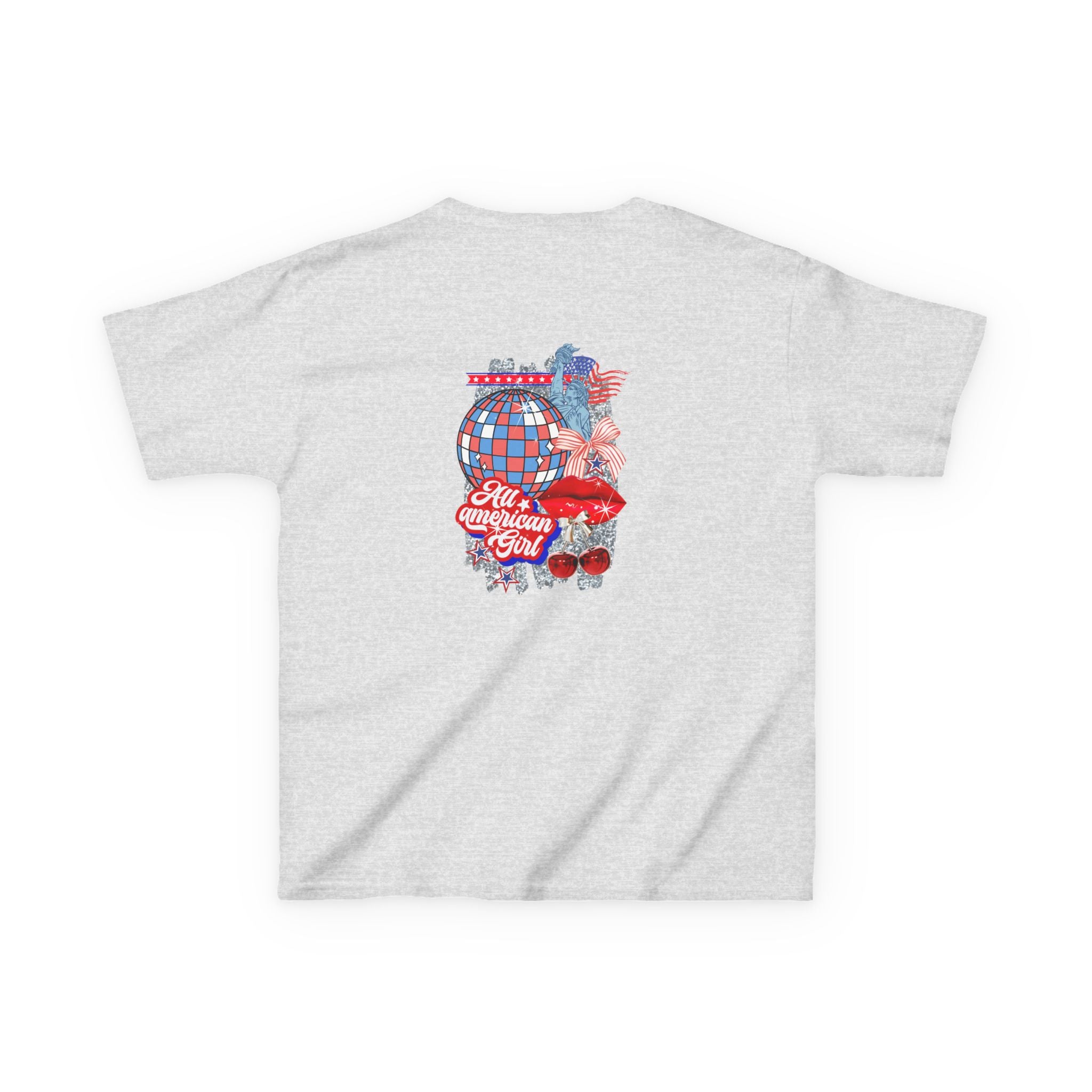 Kids Tee — Patriotic Cherry Graphic "All American Girl" — 4th of July Summer Shirt