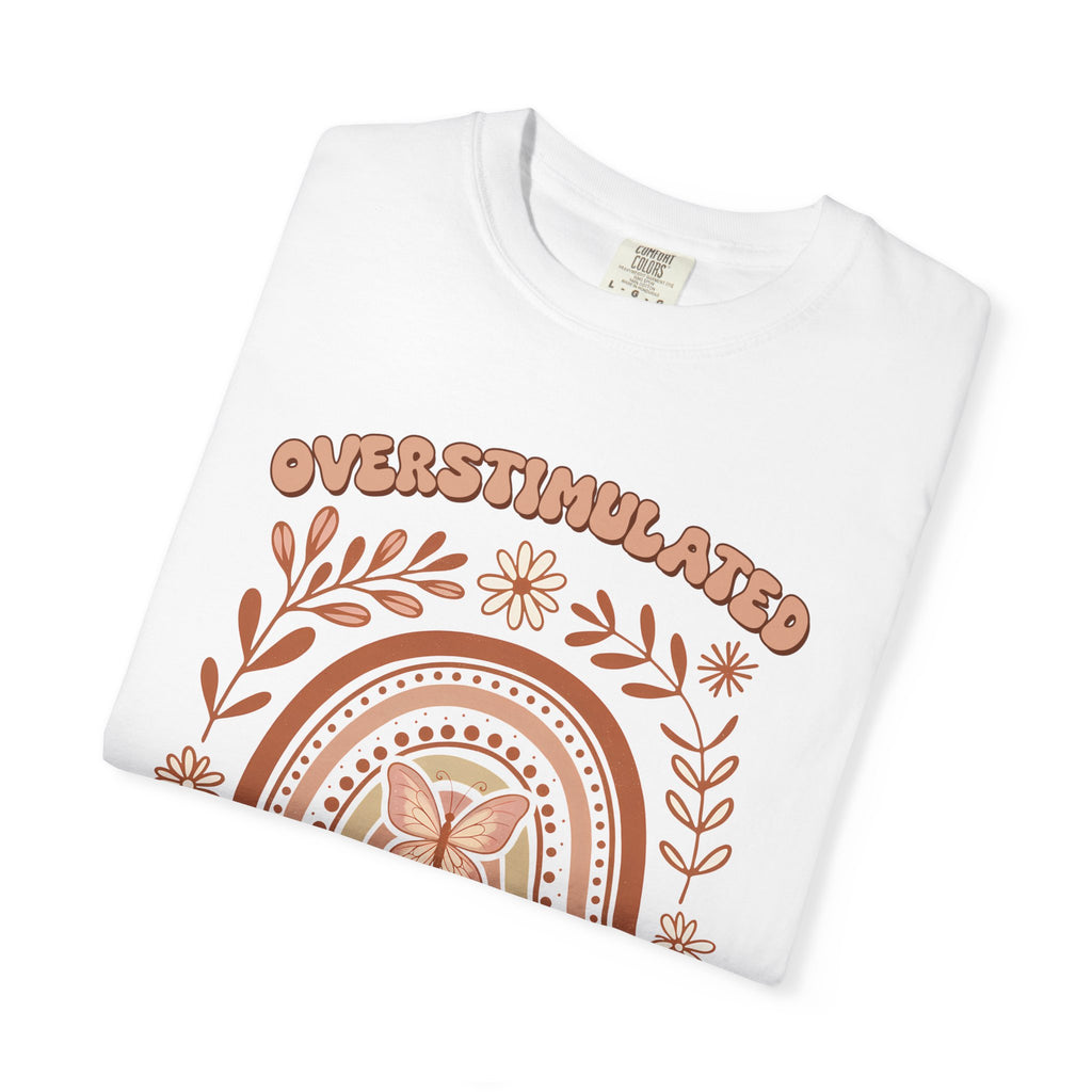 Moms Club Tee — "Overstimulated" Retro Floral Rainbow Mother's Day Shirt