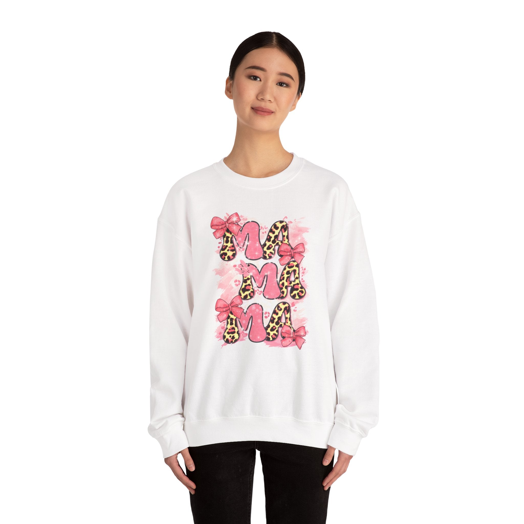 Sweatshirt — Pink Leopard “MOM” Design with Bows | Mother’s Day Cozy Crewneck