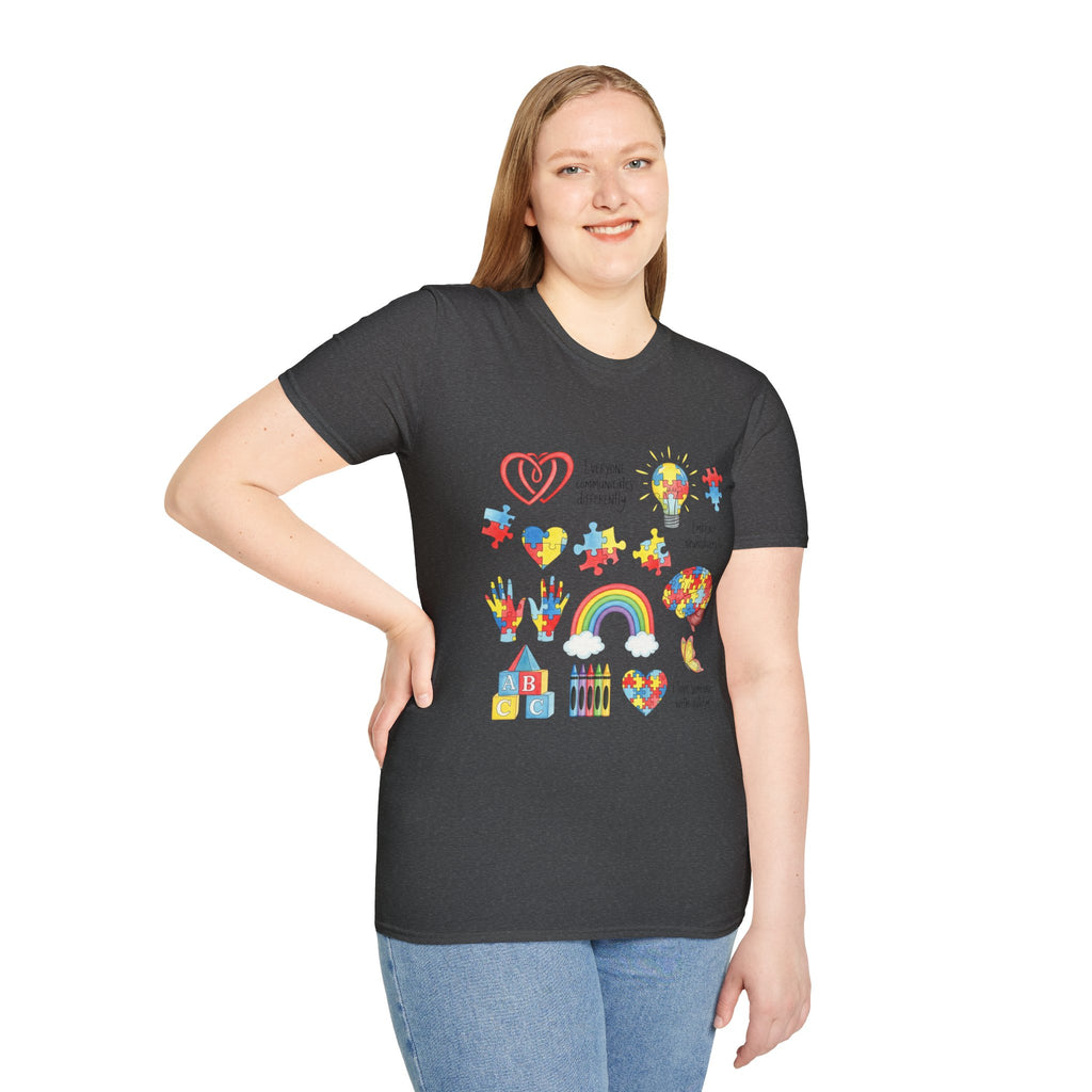 Autism Awareness Icons T-Shirt – Puzzle Heart, Rainbow & Support Symbols