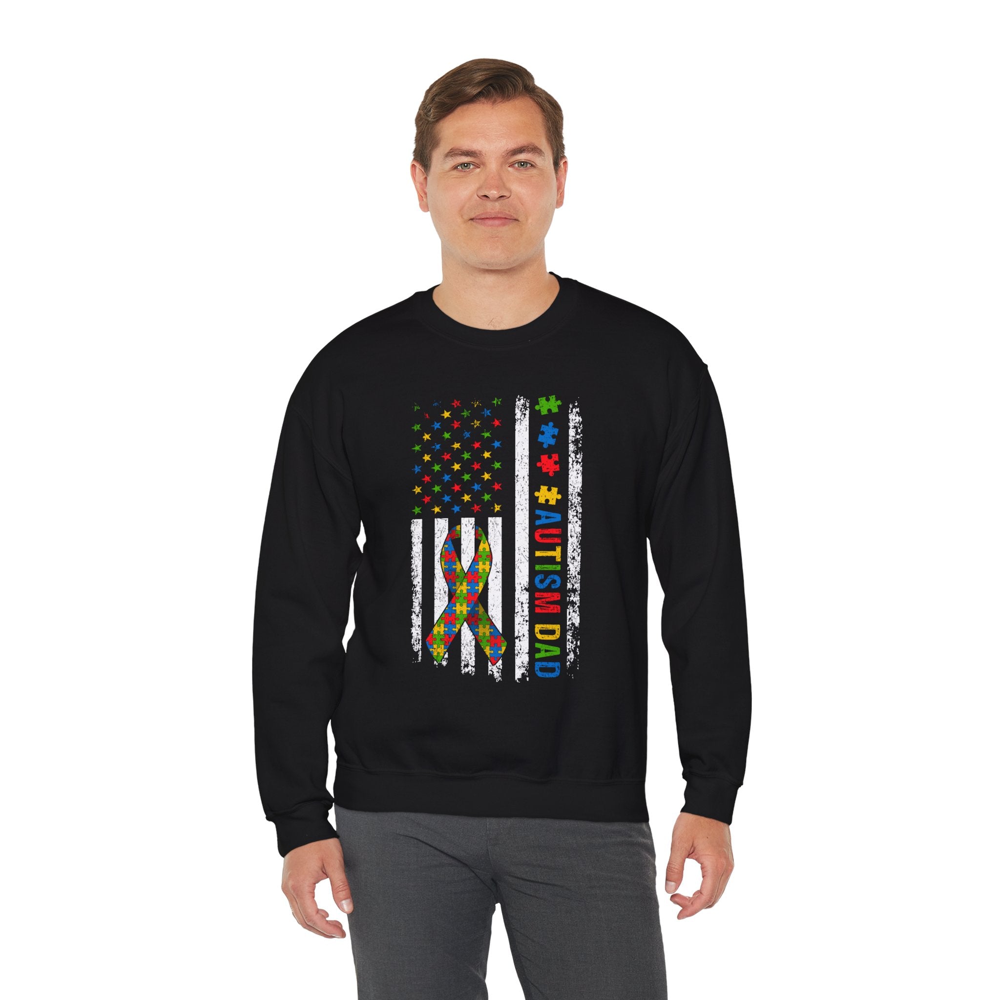 Autism Dad Puzzle Ribbon Crewneck Sweatshirt — Supportive Autism Awareness Pullover
