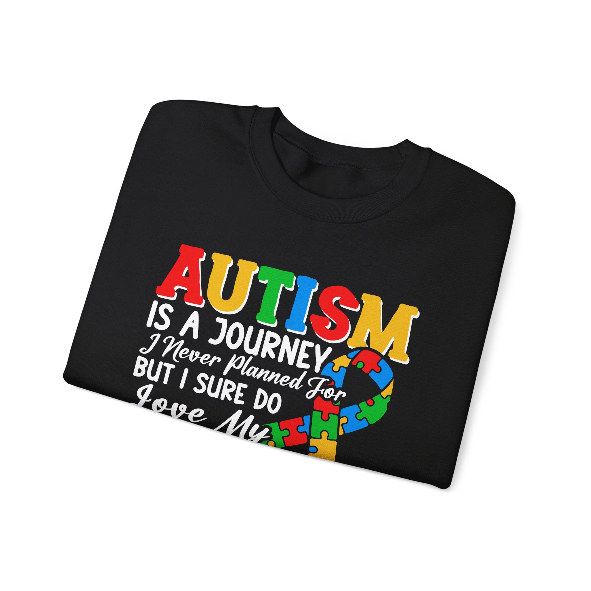 Autism Mom Crewneck Sweatshirt — "Autism Is A Journey" Colorful Puzzle-Heart Design