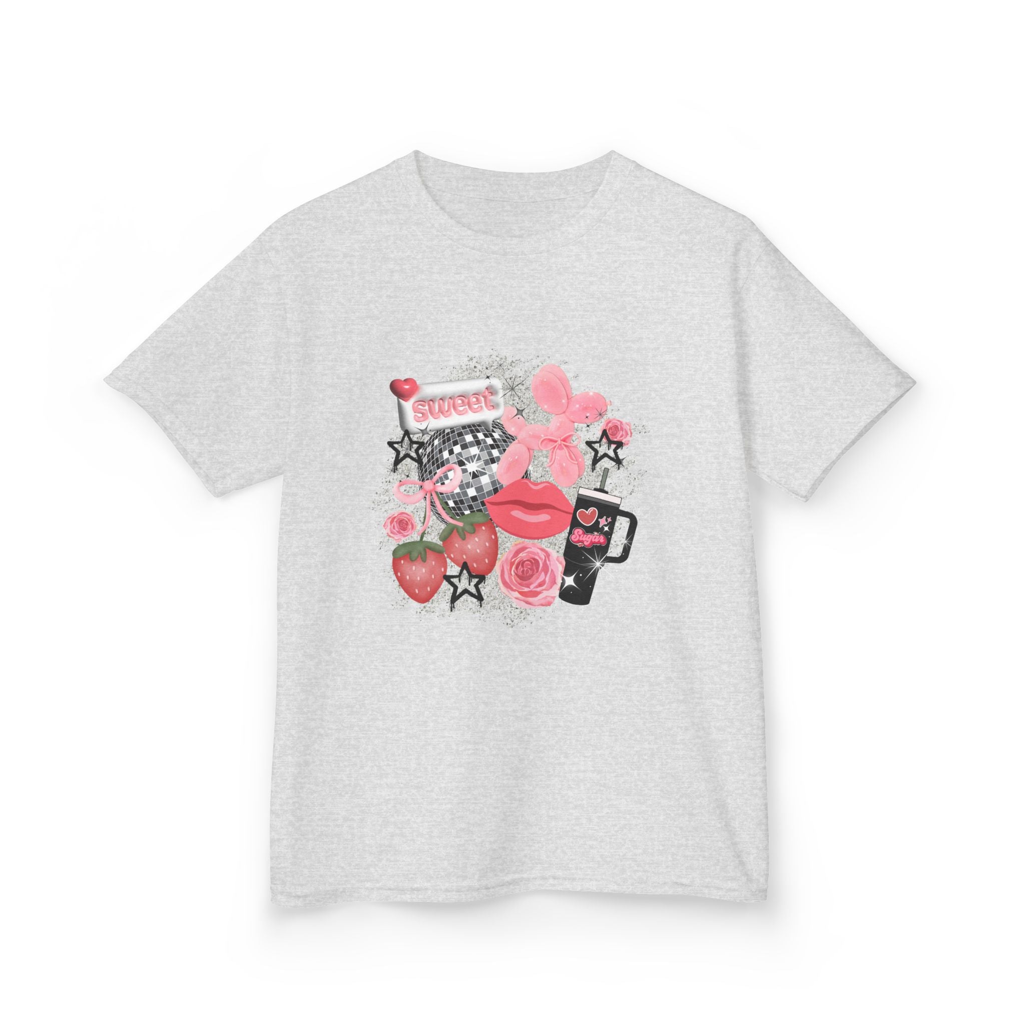 Kids Tee — Pink Floral Sticker Collage (Strawberries, Lips & Gadgets)