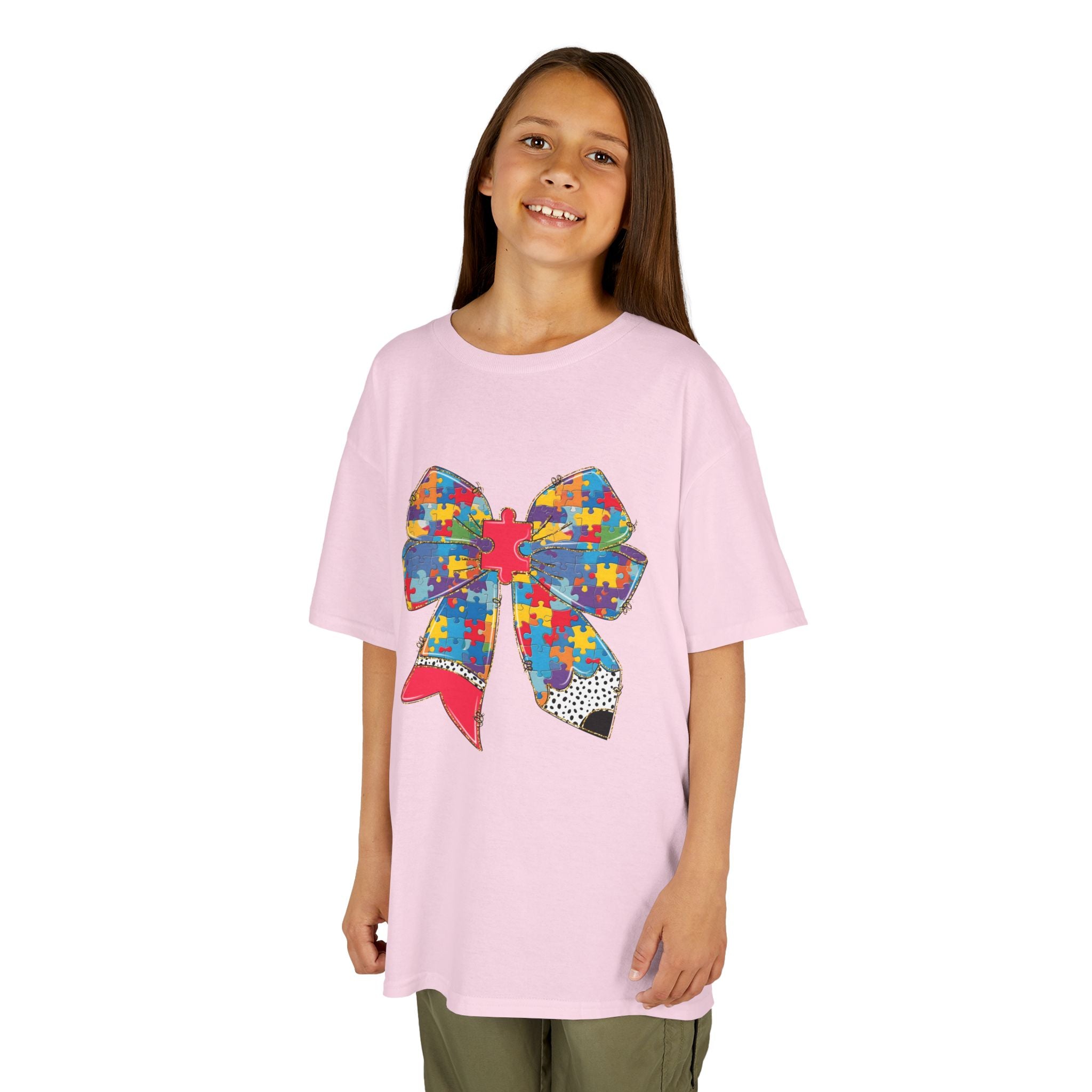 Autism Awareness Puzzle Bow Kids T‑Shirt – Autism Acceptance Gift