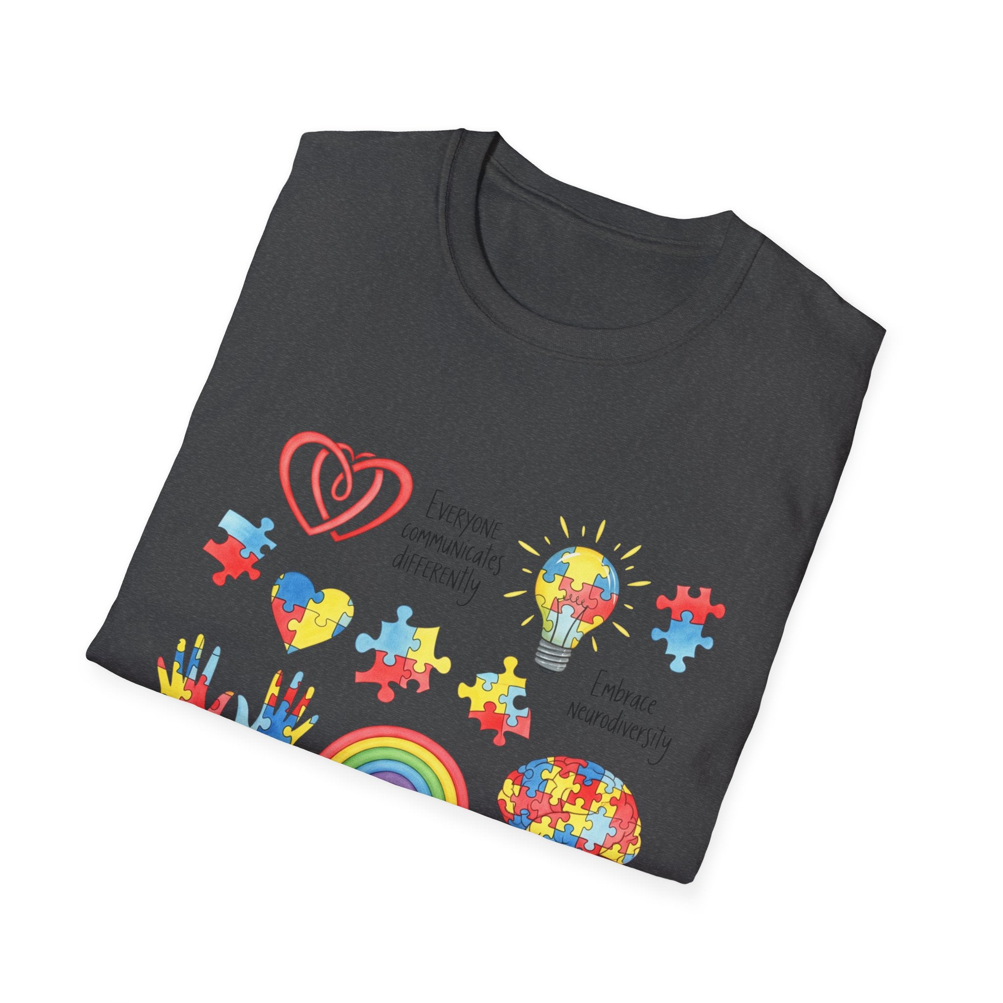 Autism Awareness Icons T-Shirt – Puzzle Heart, Rainbow & Support Symbols
