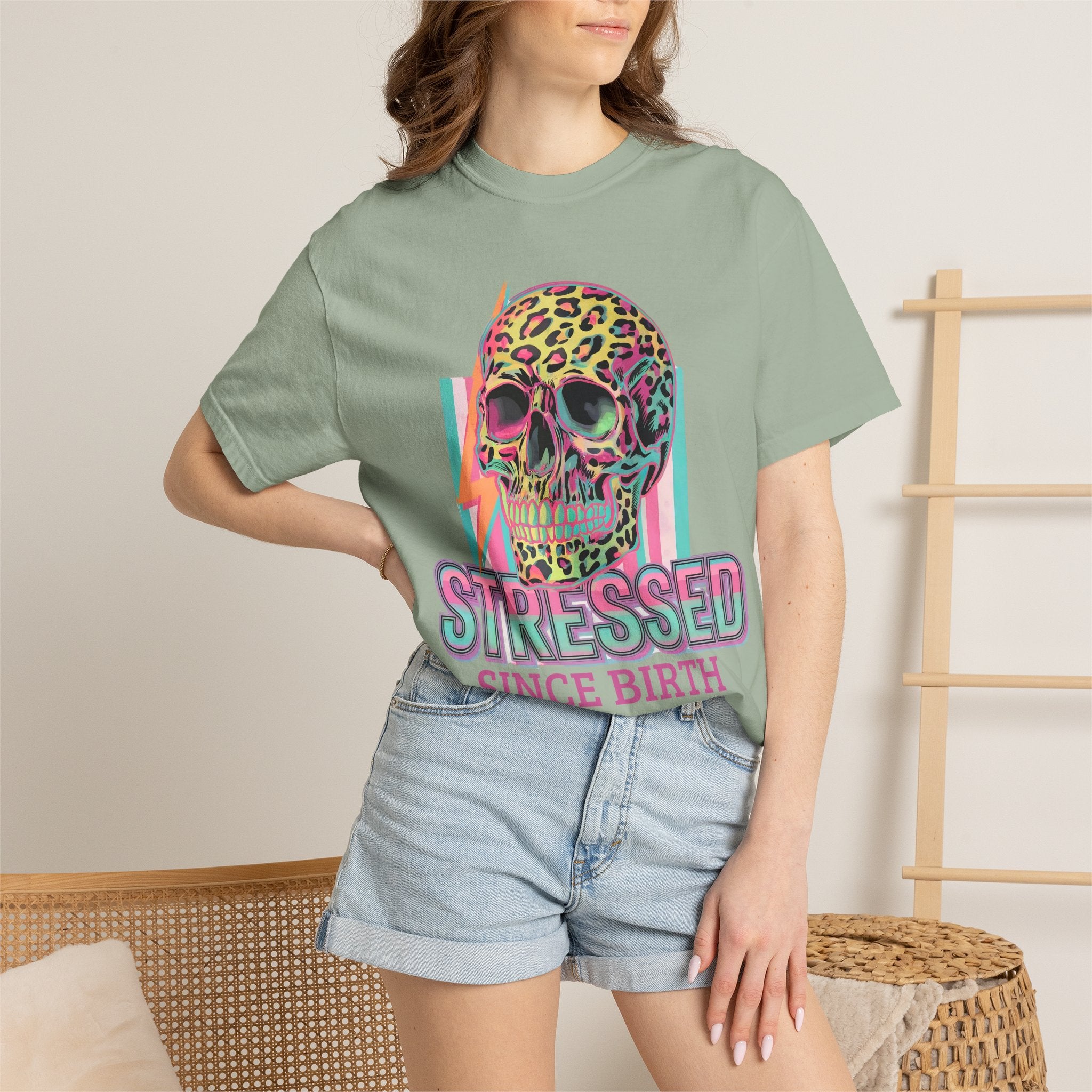 Stressed Since Birth T-Shirt — Neon Leopard Skull Graphic Tee