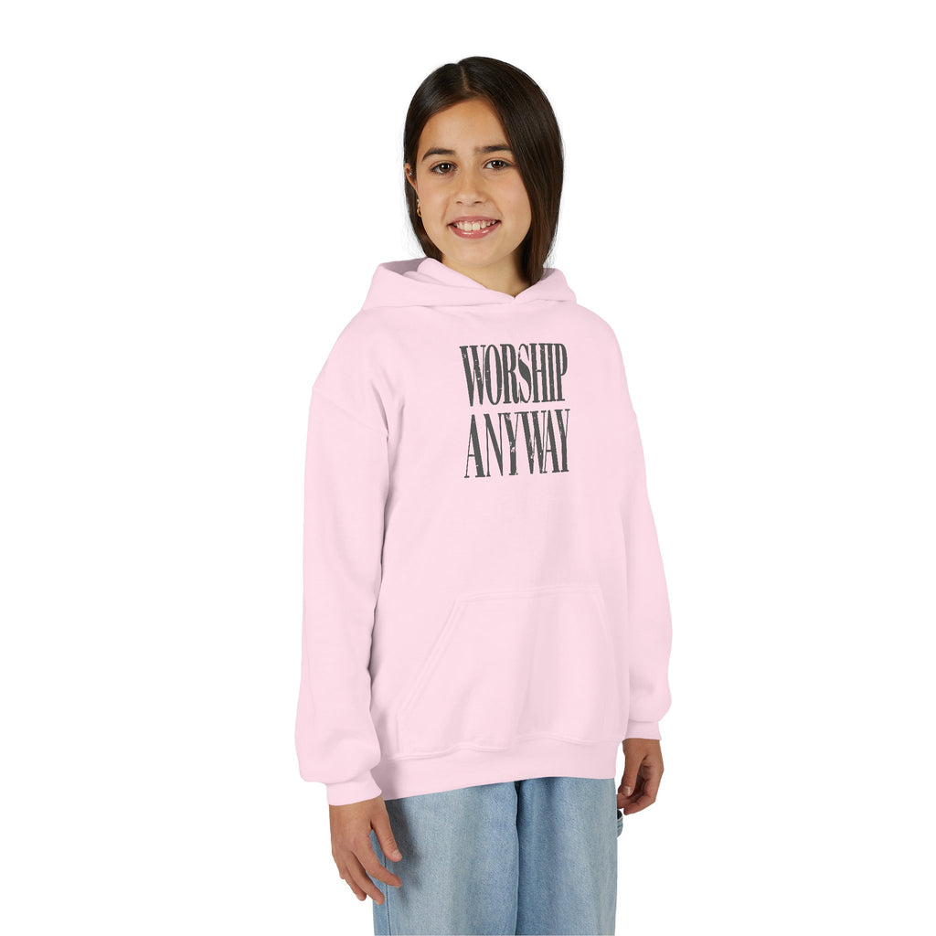 Youth Hoodie — "Worship Anyway" Minimalist Faith Pullover