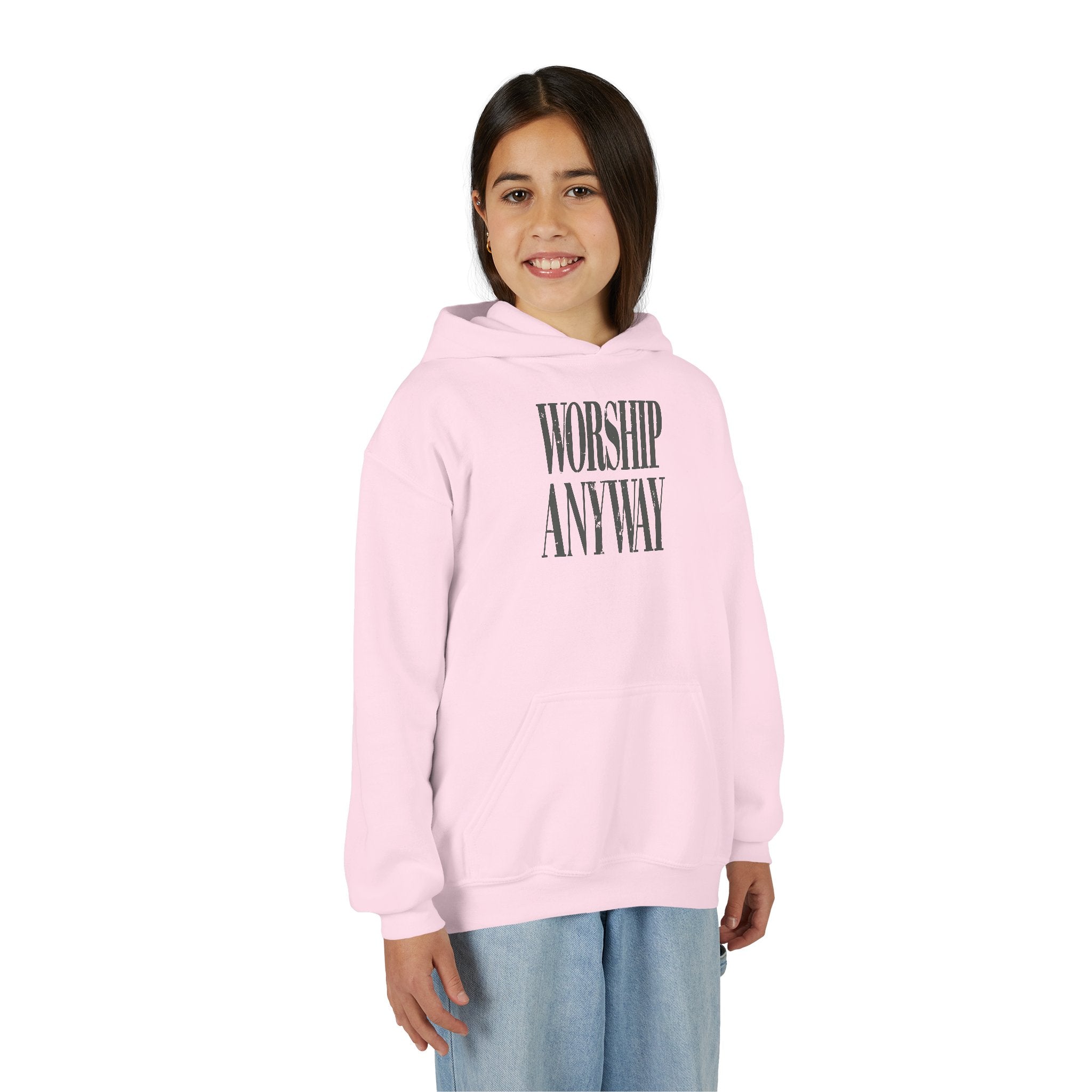 Youth Hoodie — "Worship Anyway" Minimalist Faith Pullover