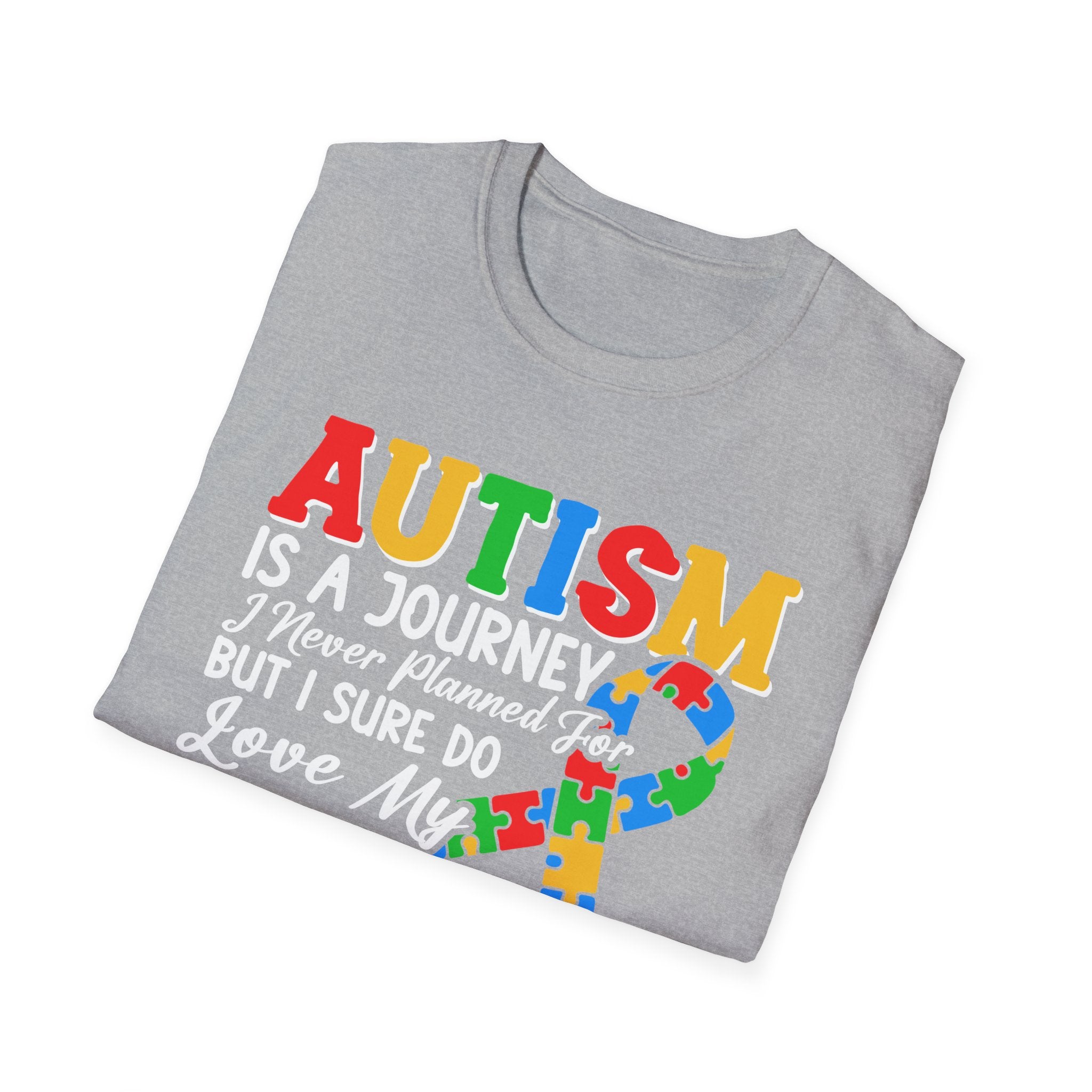 Autism Mom T-Shirt – “Autism Is a Journey…I Love My Tour Guide” Puzzle Ribbon Tee