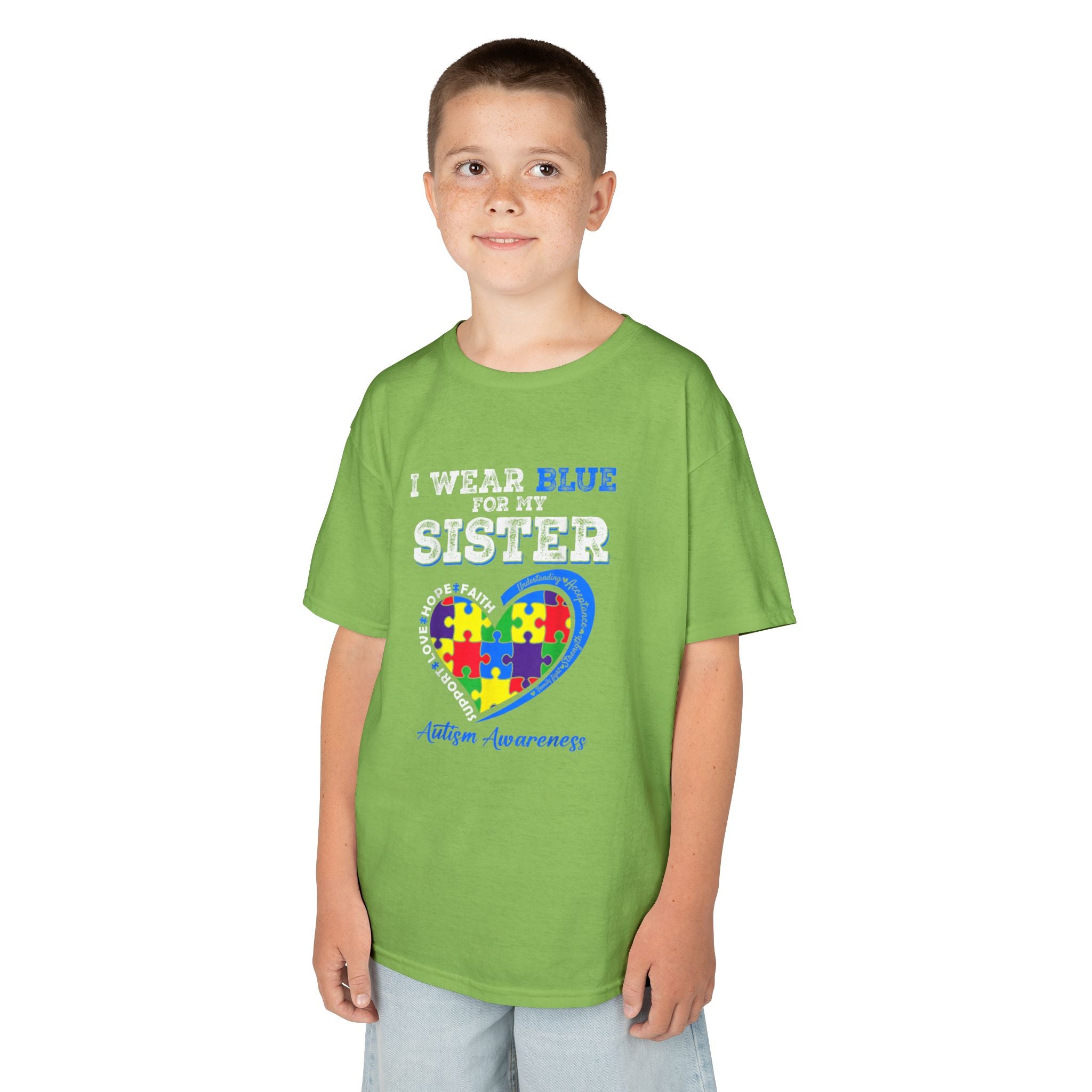 Autism Awareness Kids Tee — "I Wear Blue For My Sister" Puzzle Heart