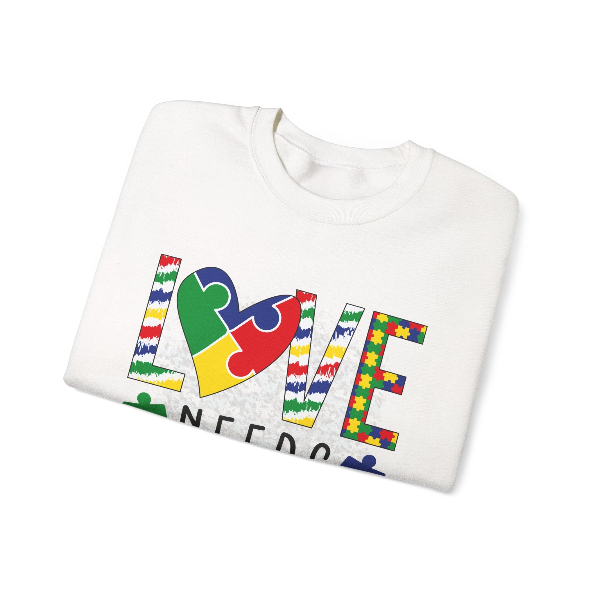 Autism Awareness Crewneck Sweatshirt — "Love Needs No Words" Puzzle Heart Design