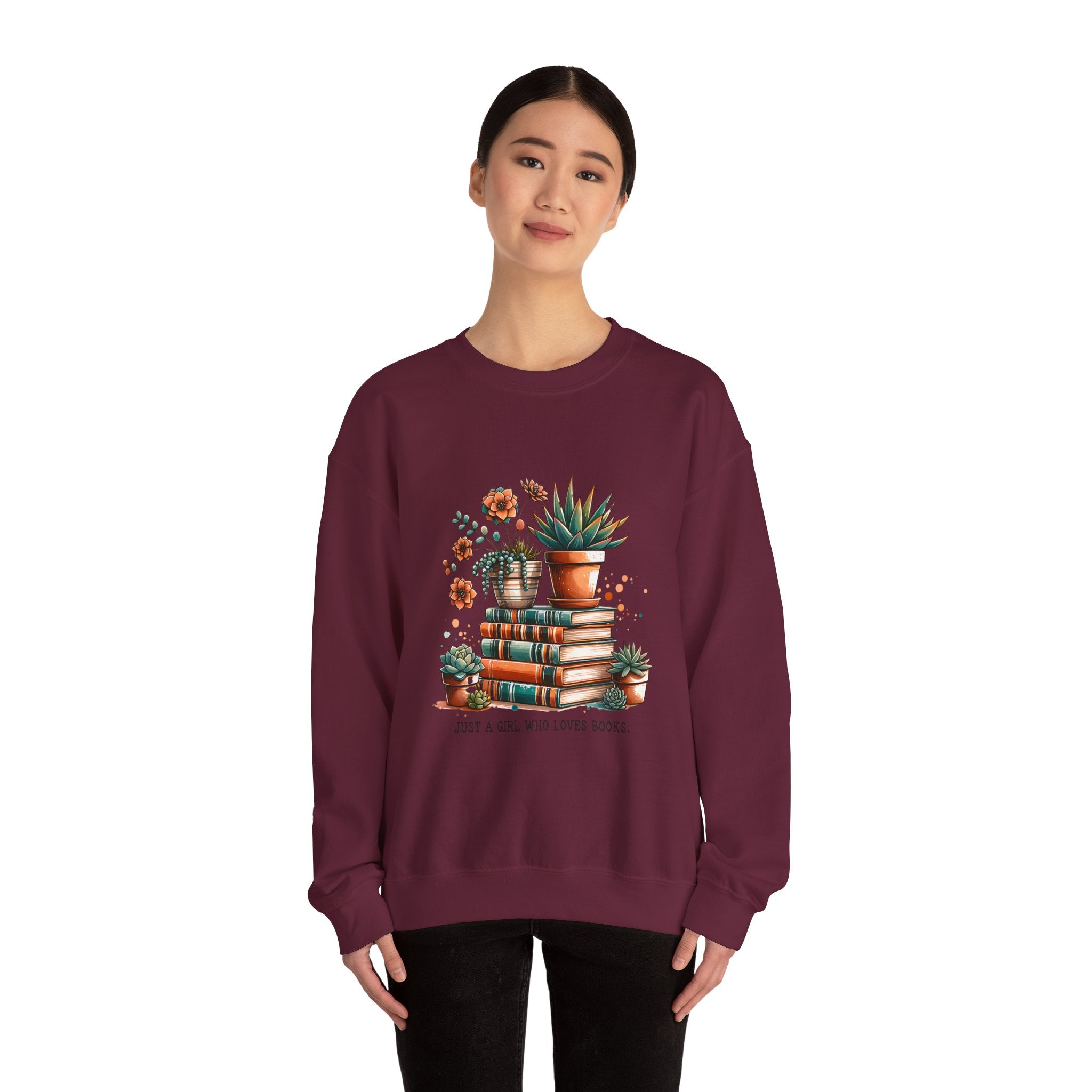 Booklover Sweatshirt — “Just a Girl Who Loves Books” Floral Plants & Stacks Crewneck