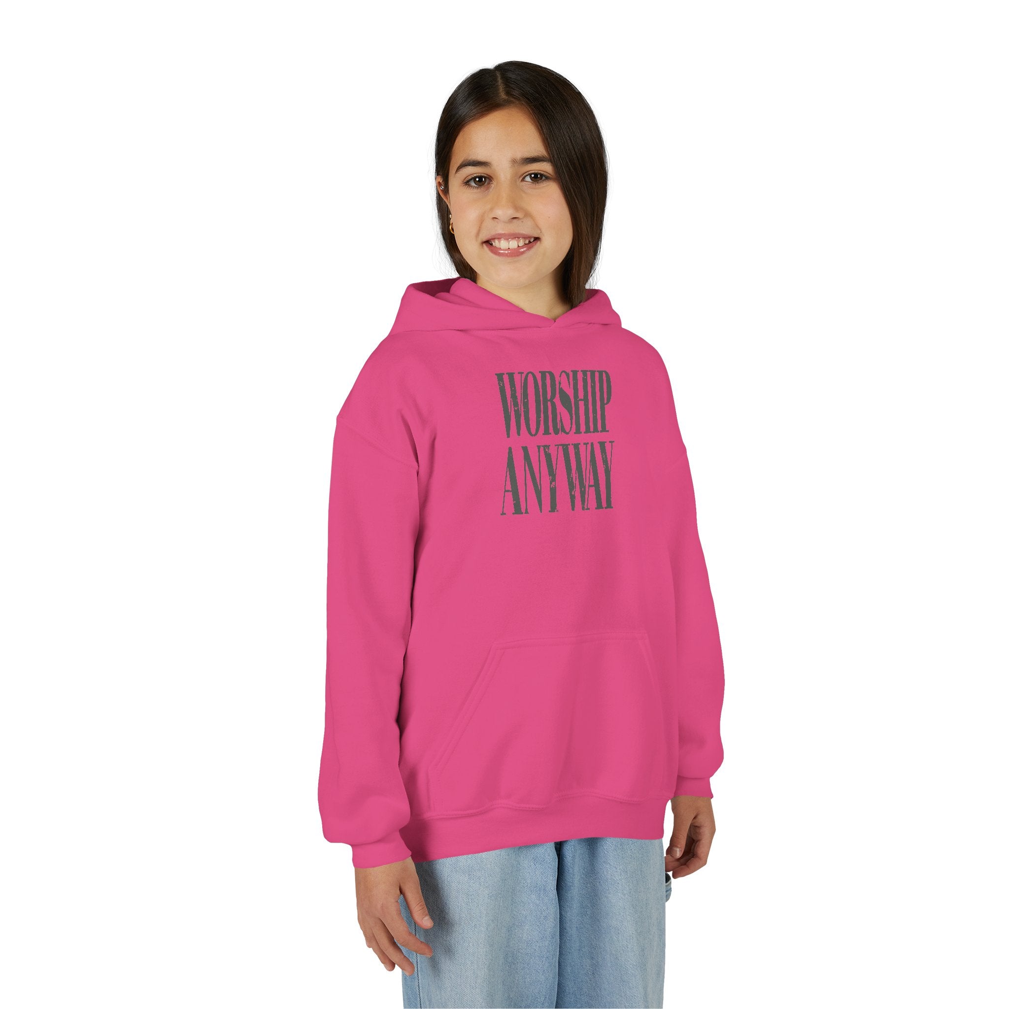 Youth Hoodie — "Worship Anyway" Minimalist Faith Pullover