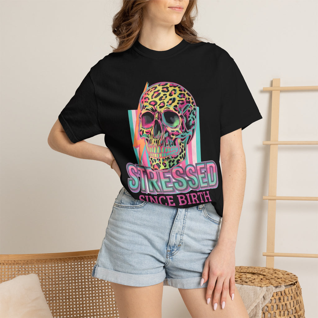 Stressed Since Birth T-Shirt — Neon Leopard Skull Graphic Tee