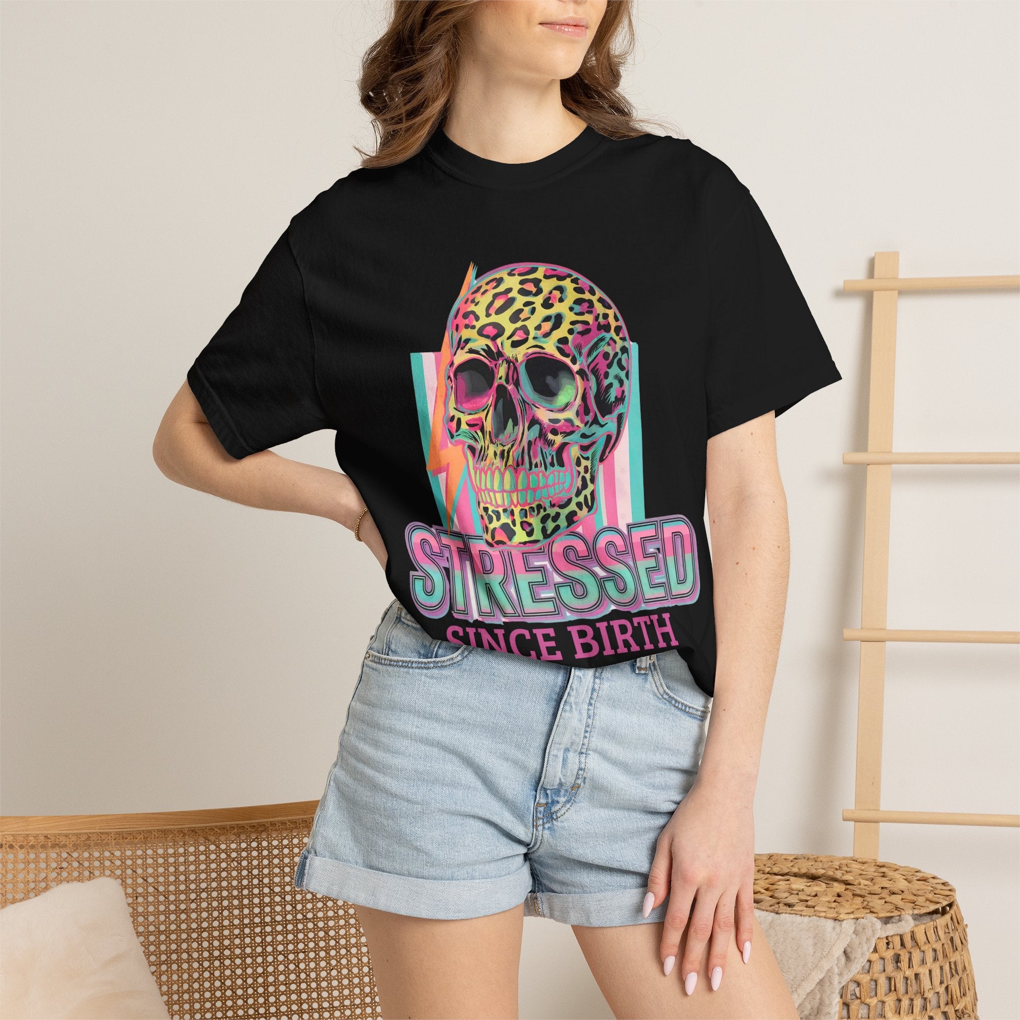 Stressed Since Birth T-Shirt — Neon Leopard Skull Graphic Tee
