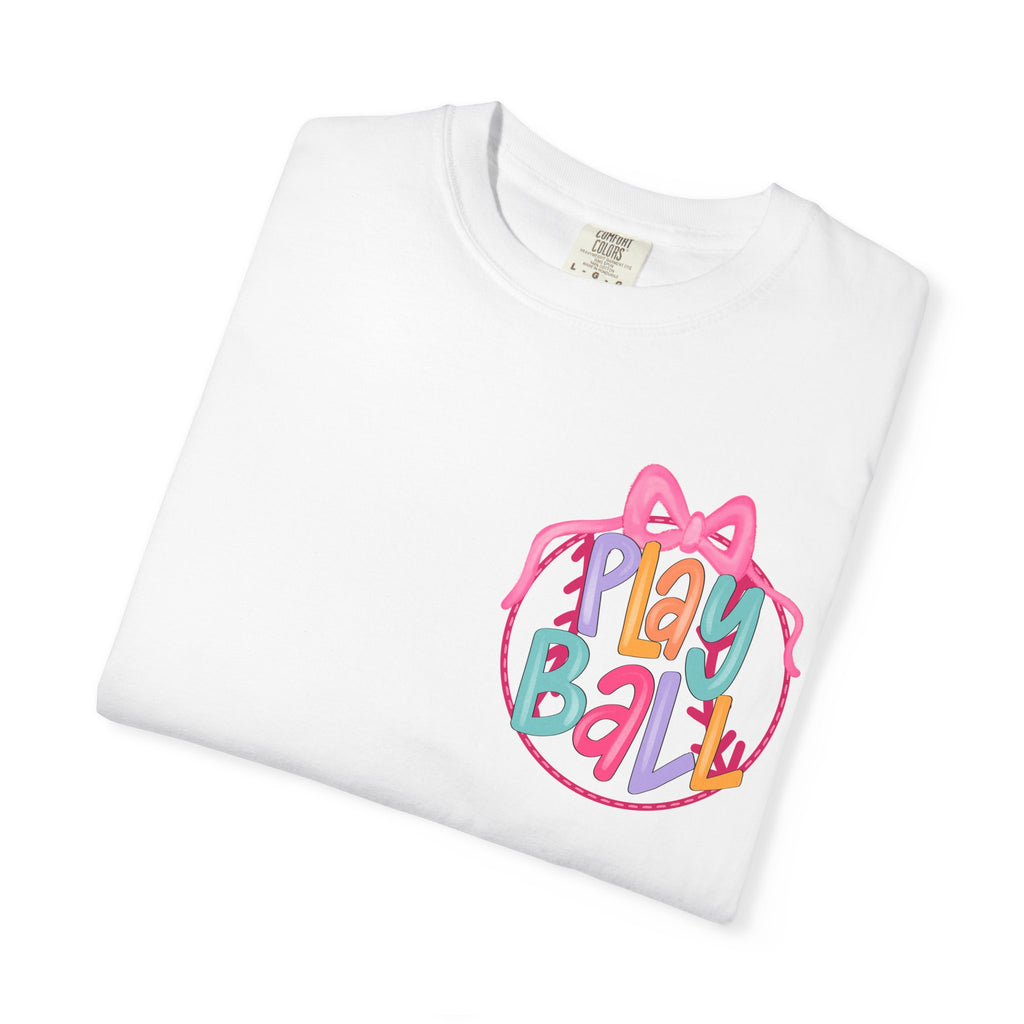 Softball Tee — "Play Ball" Front & "Pitch, Batter, Batter, Swing" Heart Back