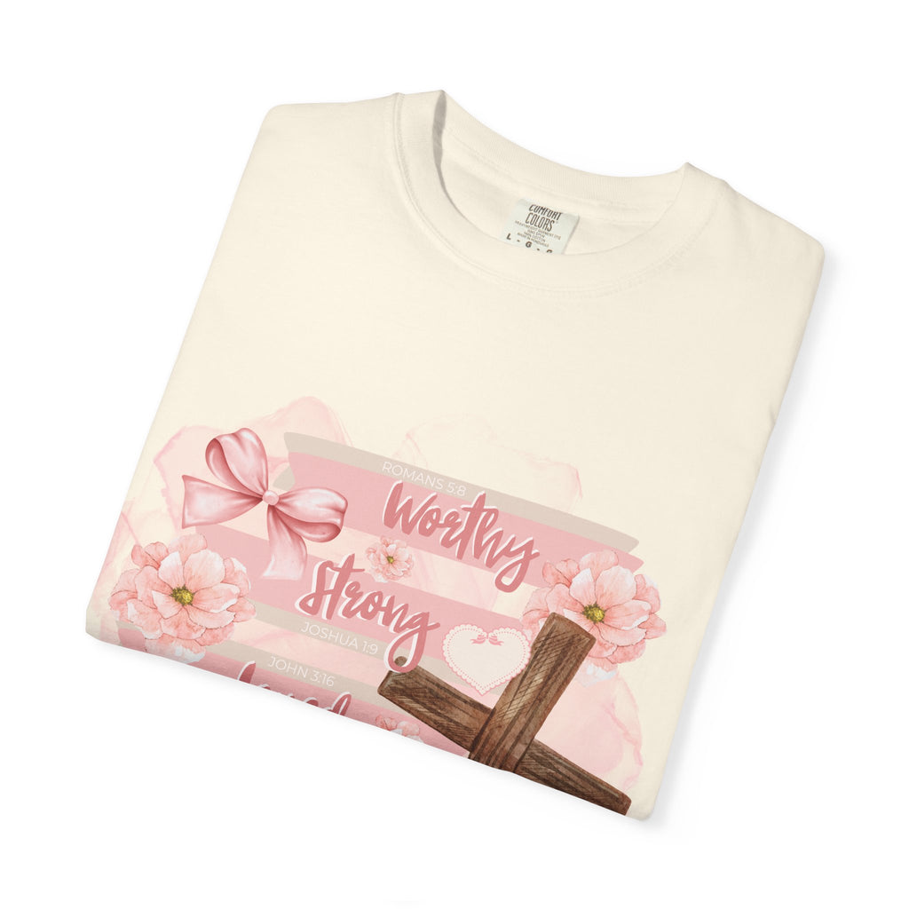 Christian Inspirational T-Shirt — "Worthy Strong Loved Beautiful" Cross & Bible Design