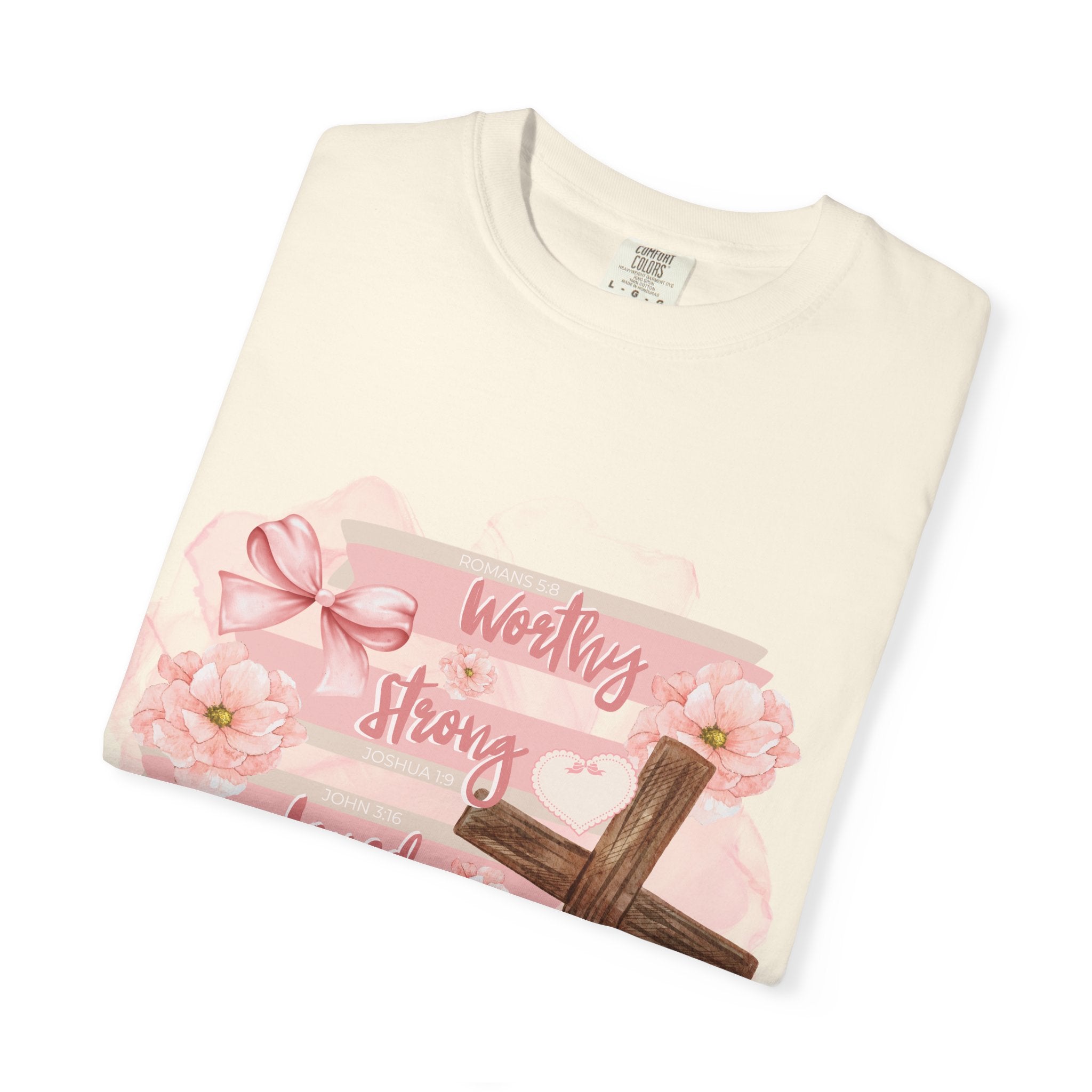 Christian Inspirational T-Shirt — "Worthy Strong Loved Beautiful" Cross & Bible Design