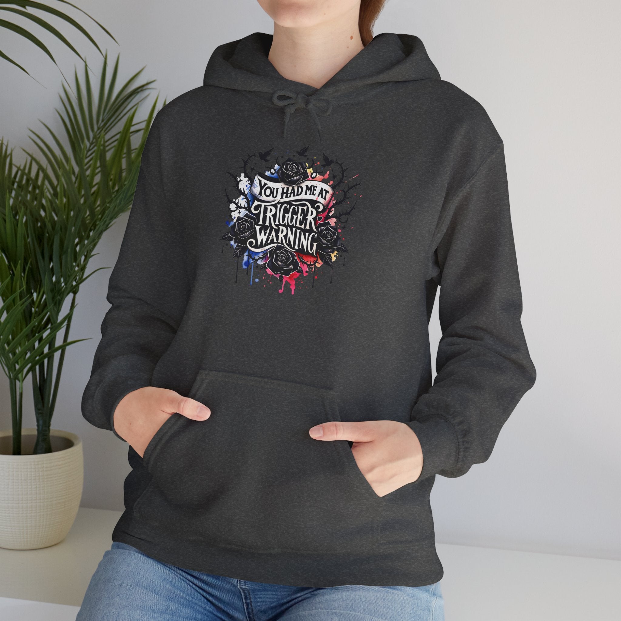Trigger Warning Graphic Hoodie — Edgy Drip Paint Design
