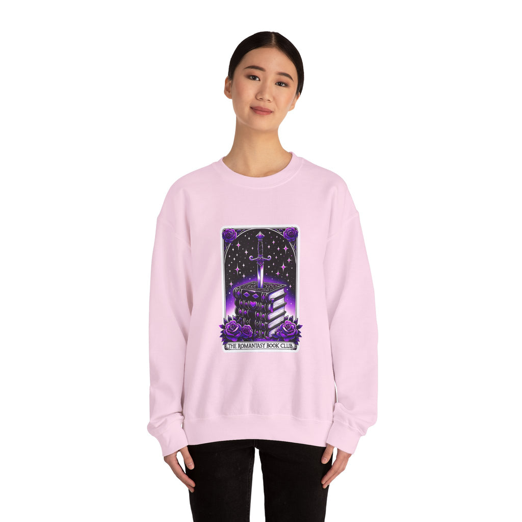 Crewneck Sweatshirt — The Bookish Witch: 'The Enchanted Book Club' Purple Sword & Books Graphic
