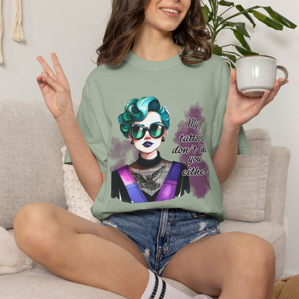 Graphic T-Shirt — Retro Punk Portrait with “My Tattoos Don’t Like You Either” Slogan