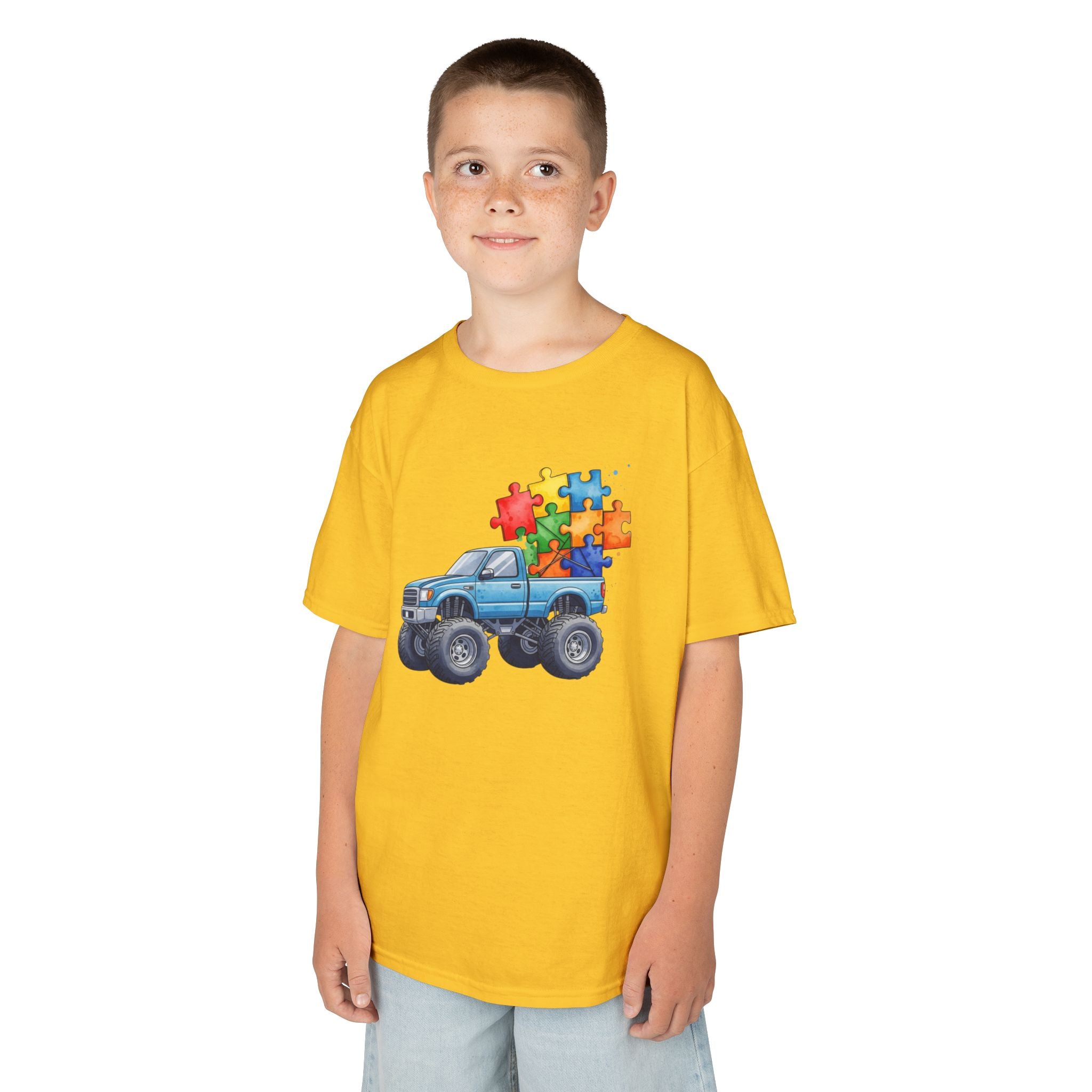 Kids Monster Truck Autism Awareness T‑Shirt — Puzzle Piece Ride
