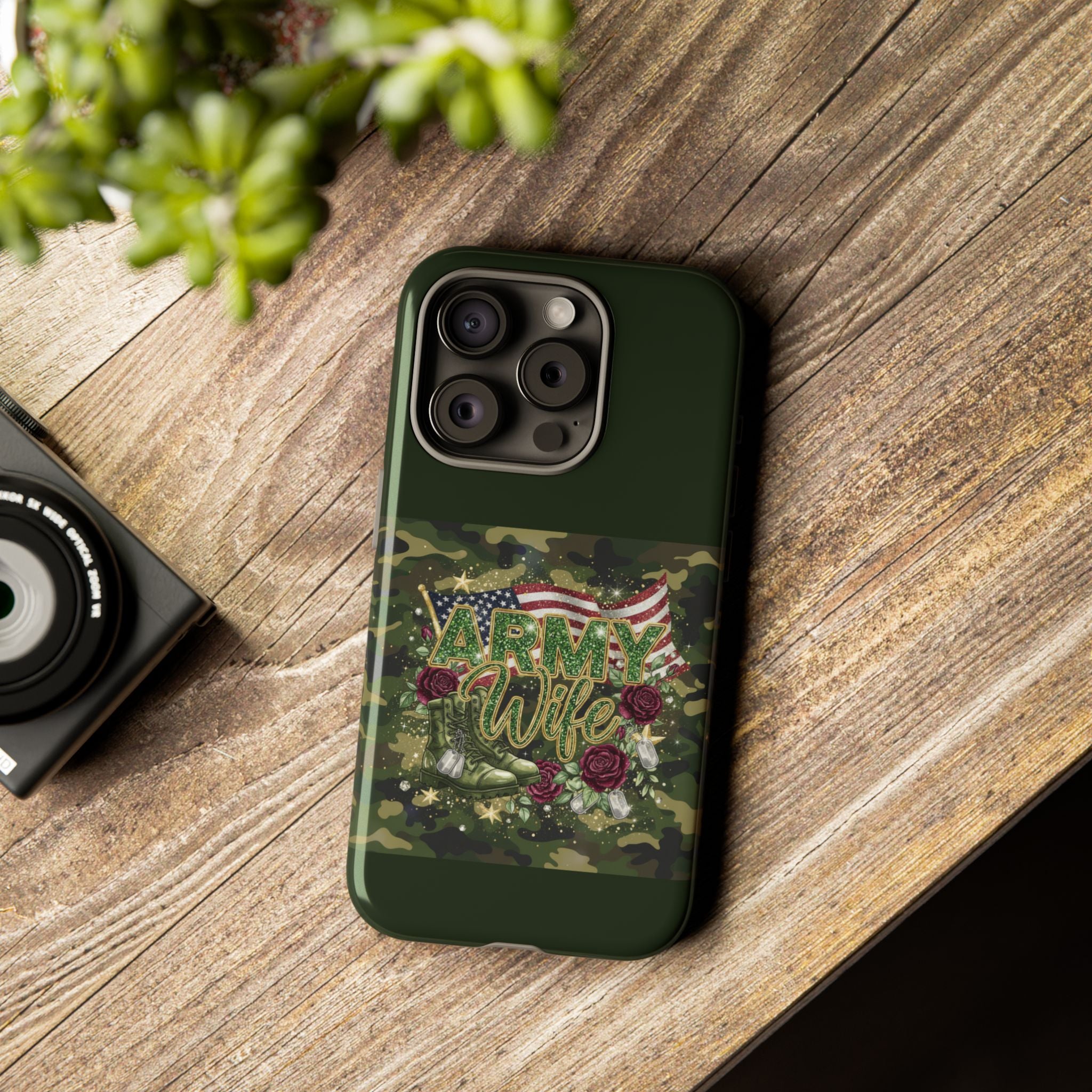 Army Wife Tough Phone Case — Camo Flag Design with Roses