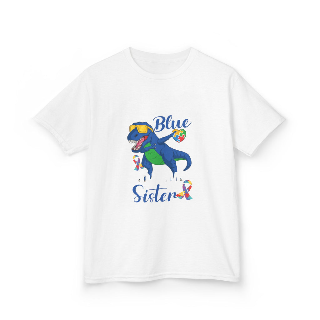 Kids T‑Shirt — "Blue Sister" Rainbow Autism Awareness Dino Tee