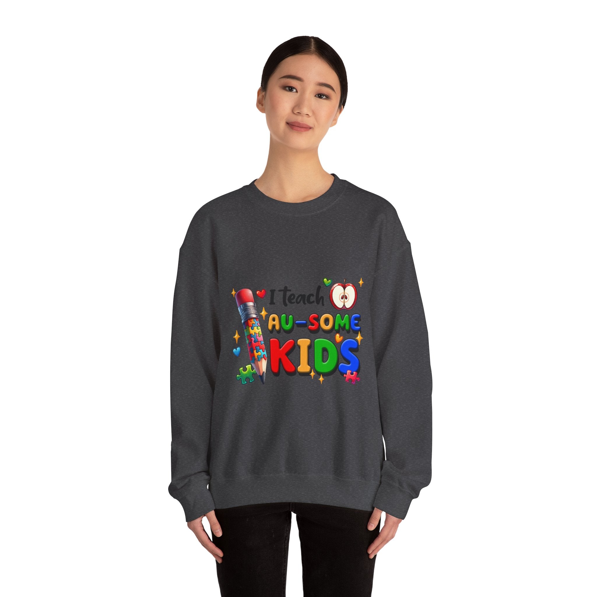 Teacher Crewneck Sweatshirt — “I Teach Au-some Kids” Colorful Autism Awareness Design