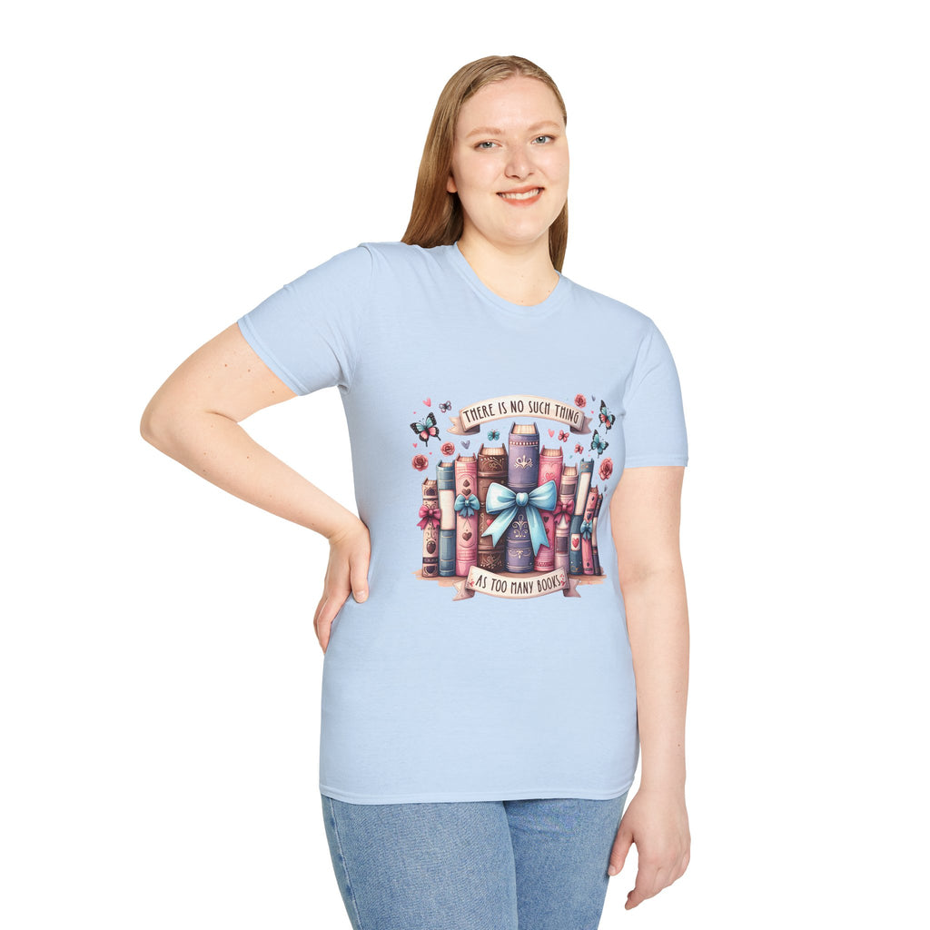 Book Lover T-Shirt — "There Is No Such Thing As Too Many Books" Illustrated Stack Design