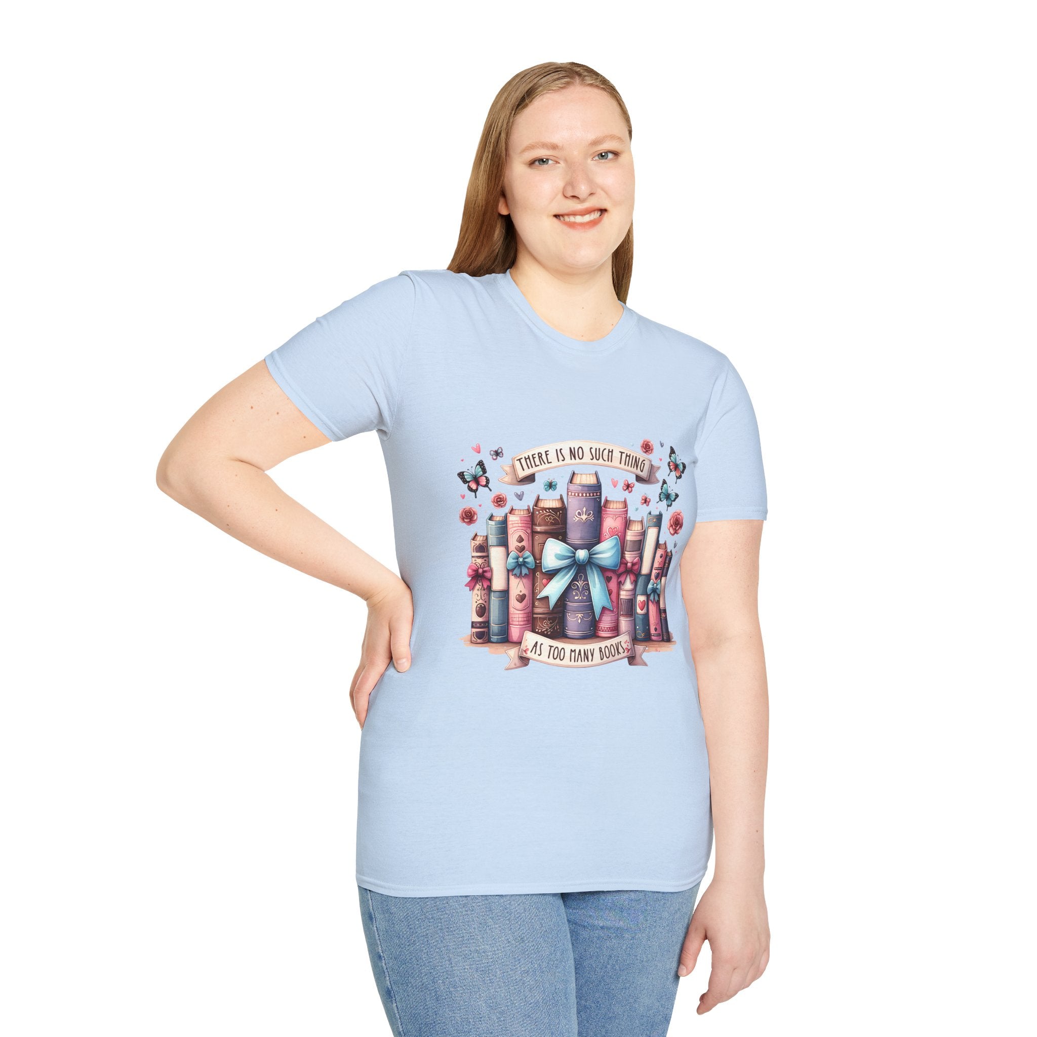 Book Lover T-Shirt — "There Is No Such Thing As Too Many Books" Illustrated Stack Design