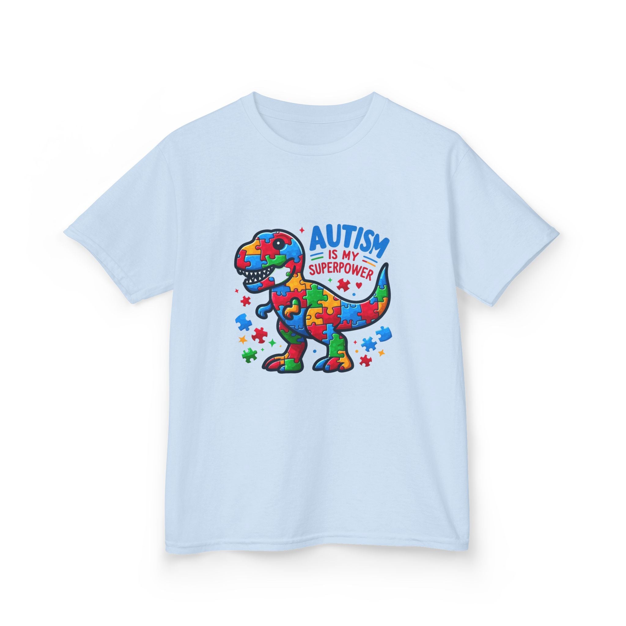 Kids T-Shirt — 'Autism is My Superpower' Puzzle Dinosaur Tee