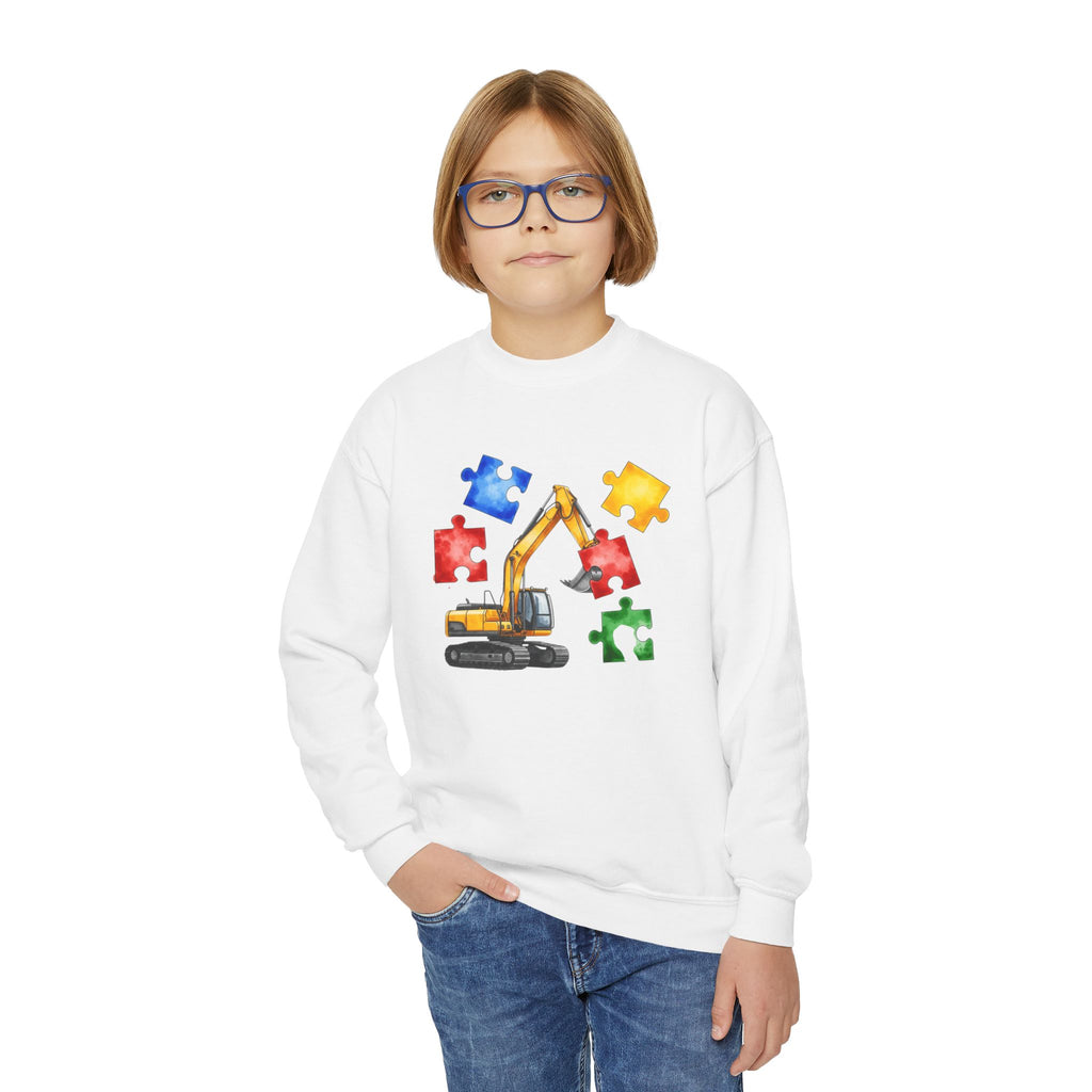 Kids Excavator Puzzle Crewneck Sweatshirt — Construction Autism Awareness